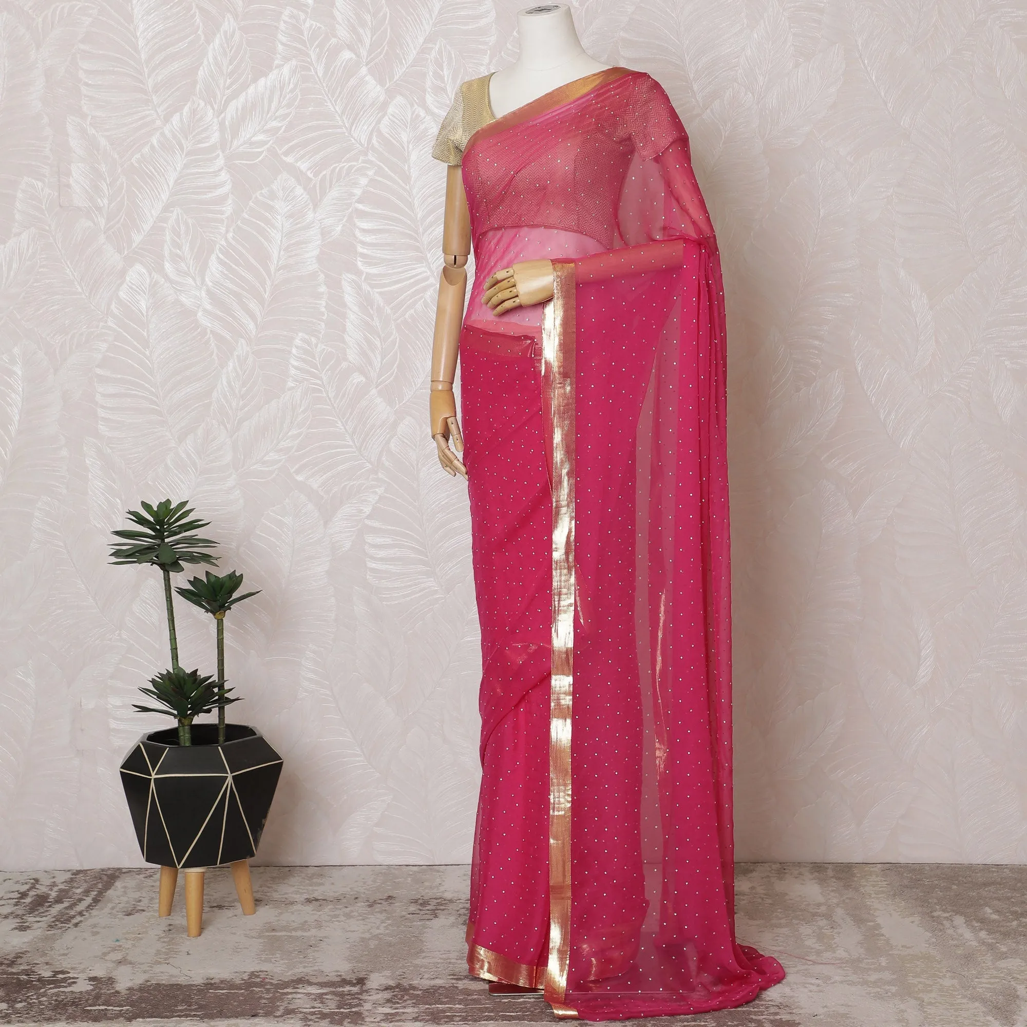 Elegant Pink Silk Chiffon Saree with Golden Border with stone work,110 cm Width, 5.5 Meters Piece-D19491