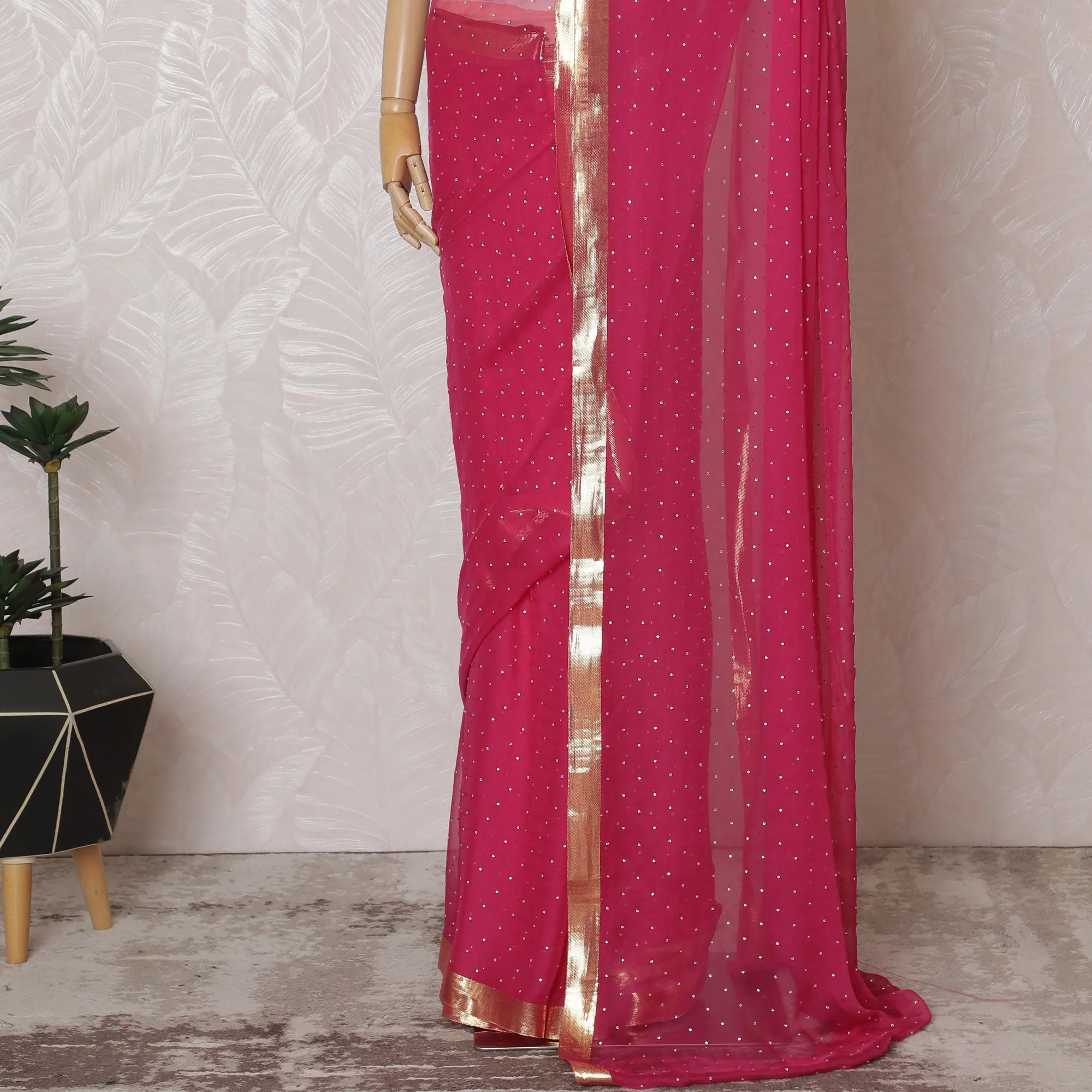 Elegant Pink Silk Chiffon Saree with Golden Border with stone work,110 cm Width, 5.5 Meters Piece-D19491