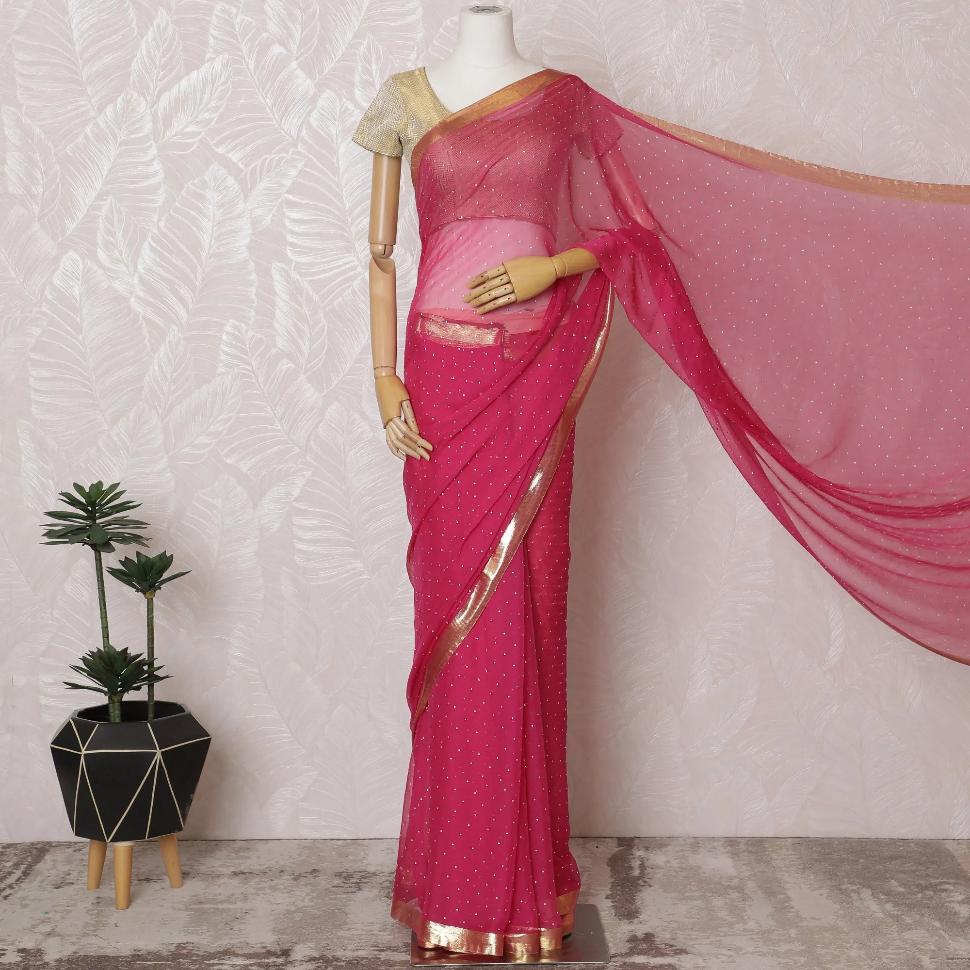 Elegant Pink Silk Chiffon Saree with Golden Border with stone work,110 cm Width, 5.5 Meters Piece-D19491