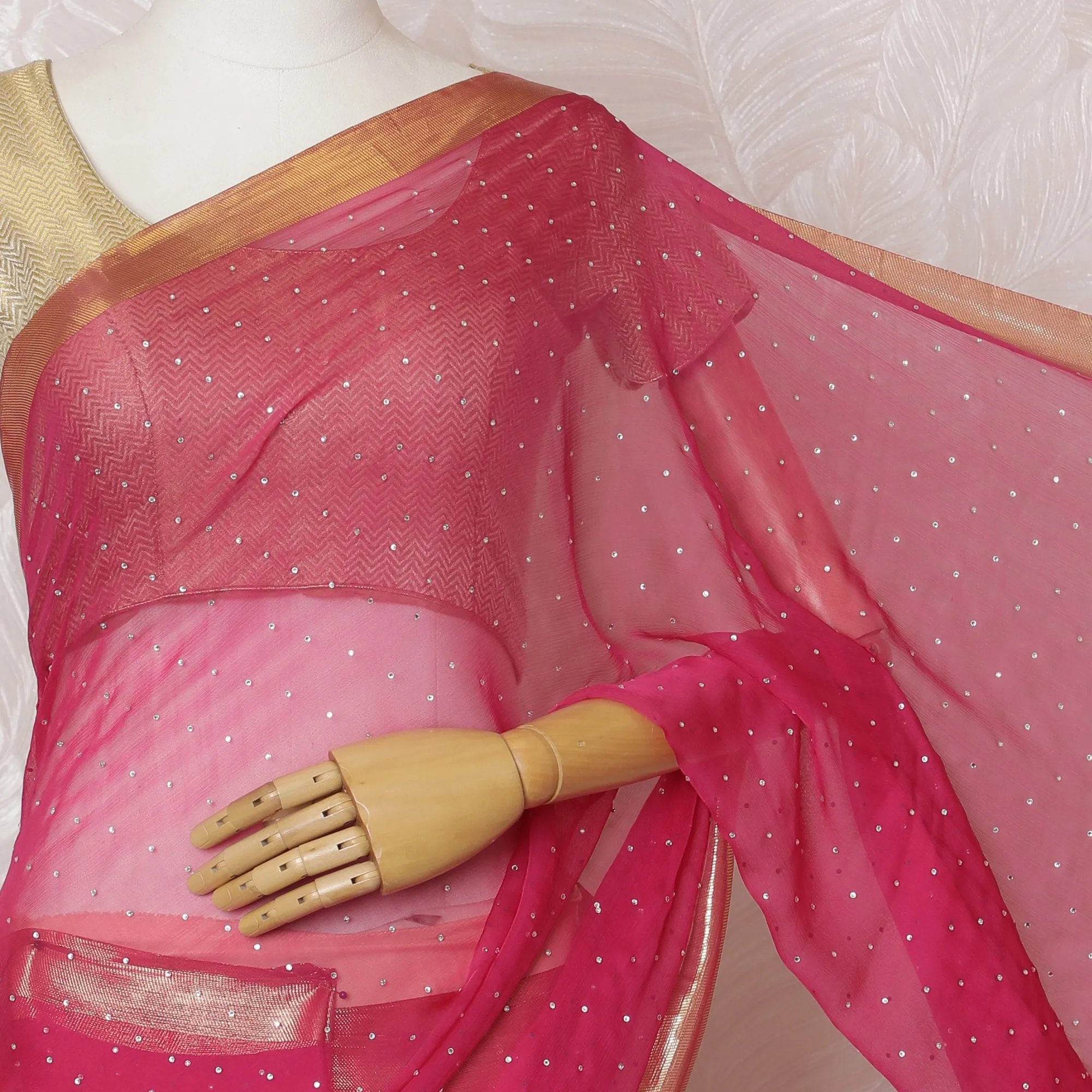 Elegant Pink Silk Chiffon Saree with Golden Border with stone work,110 cm Width, 5.5 Meters Piece-D19491