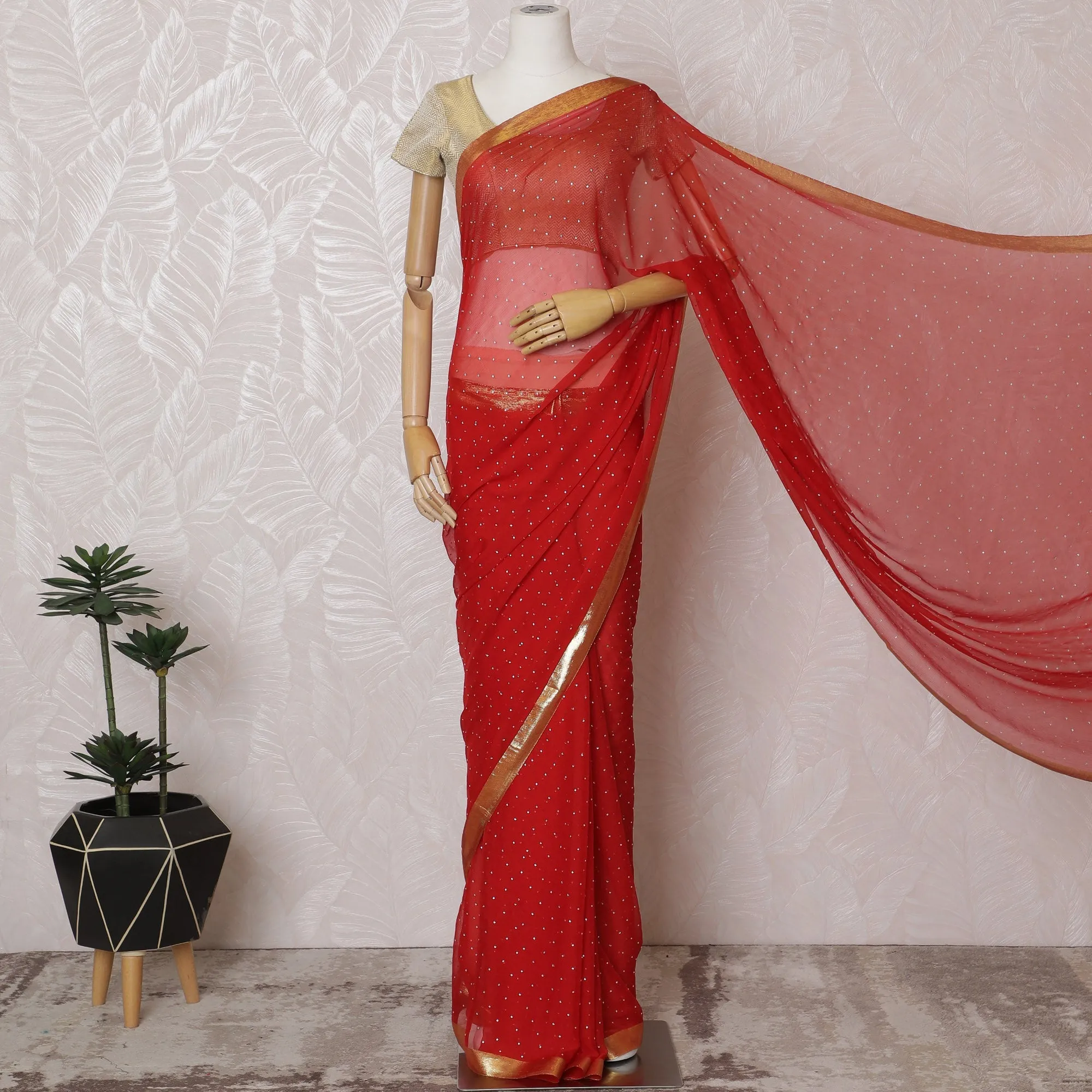 Elegant Red Silk Chiffon Saree with Golden Border and stone work,110 cm Width, 5.5 Meters Piece-D19492