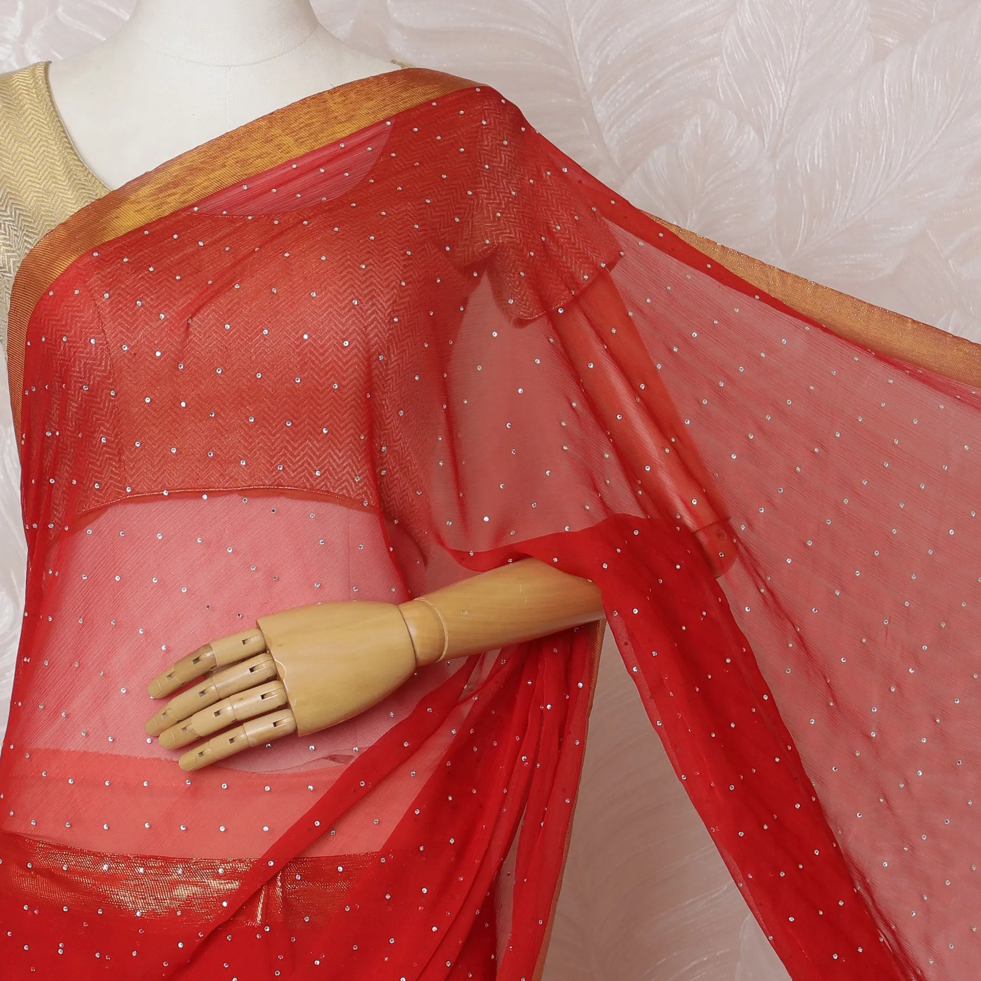 Elegant Red Silk Chiffon Saree with Golden Border and stone work,110 cm Width, 5.5 Meters Piece-D19492