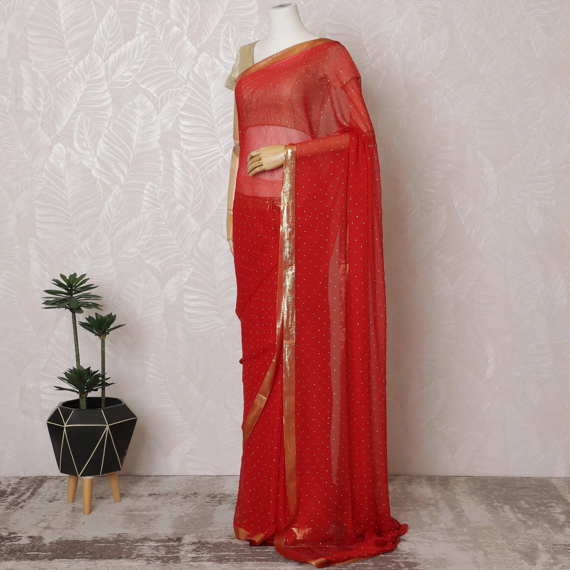 Elegant Red Silk Chiffon Saree with Golden Border and stone work,110 cm Width, 5.5 Meters Piece-D19492