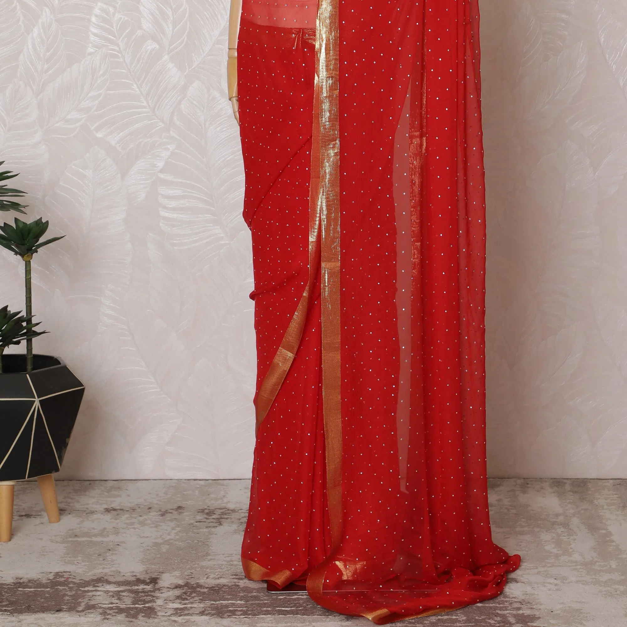 Elegant Red Silk Chiffon Saree with Golden Border and stone work,110 cm Width, 5.5 Meters Piece-D19492