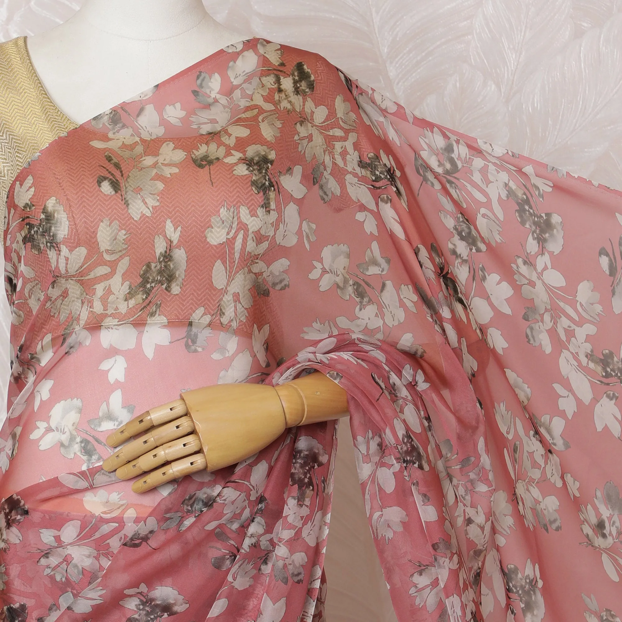 Elegant Rose Pink Floral Silk Chiffon Saree,110 cm Width, 5.5 Meters Piece-D19487