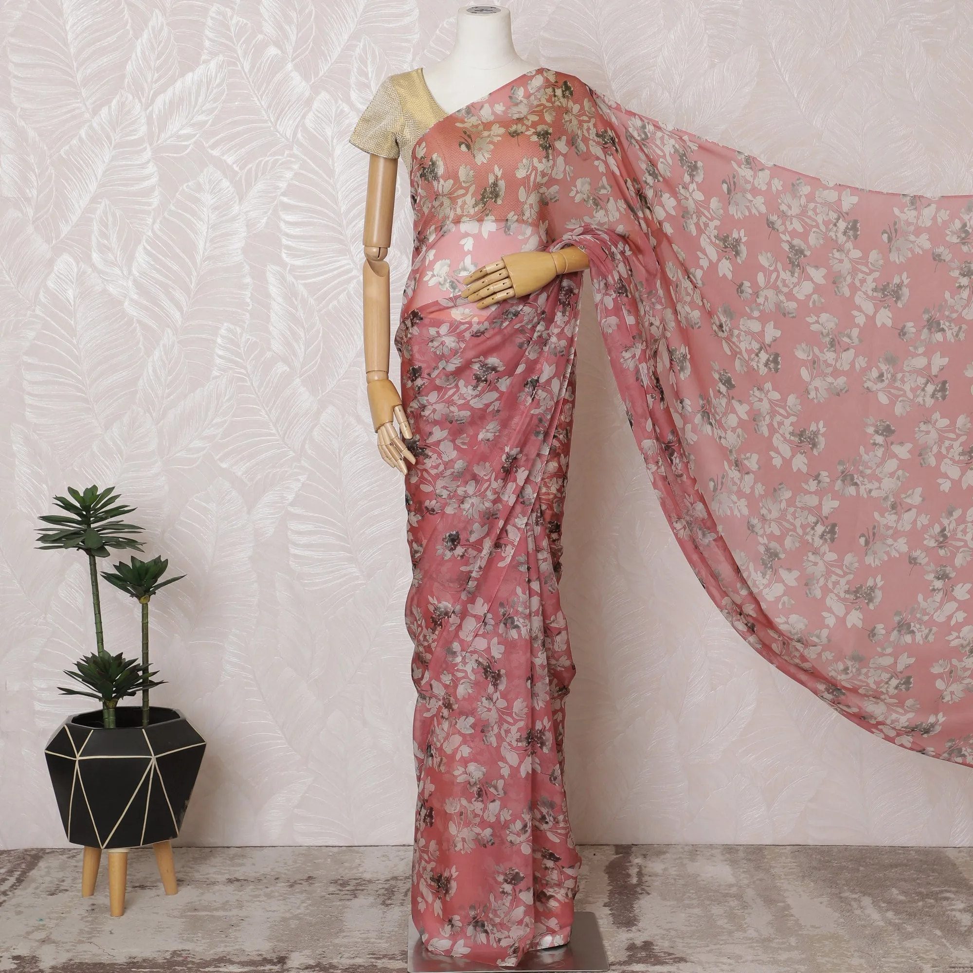 Elegant Rose Pink Floral Silk Chiffon Saree,110 cm Width, 5.5 Meters Piece-D19487