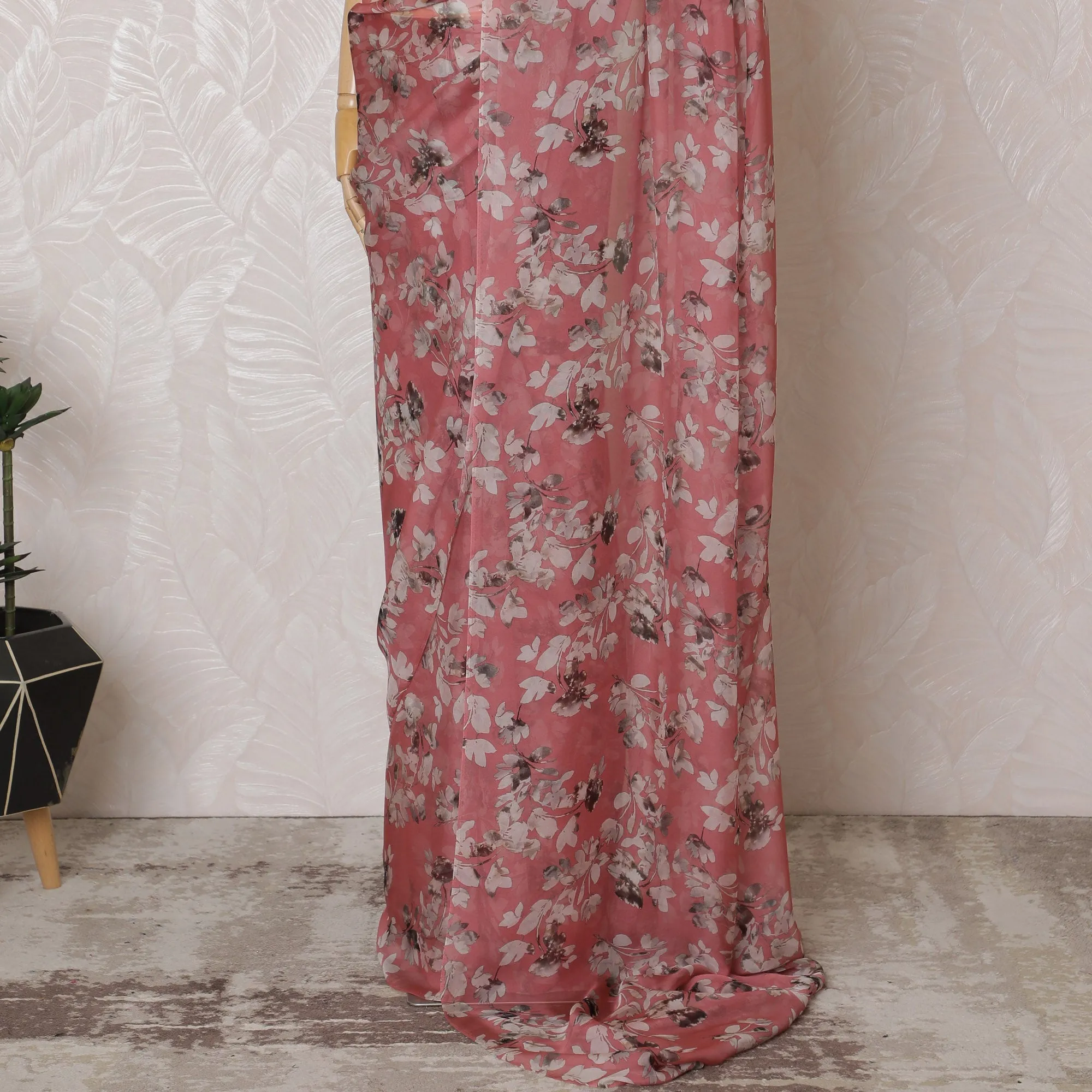 Elegant Rose Pink Floral Silk Chiffon Saree,110 cm Width, 5.5 Meters Piece-D19487