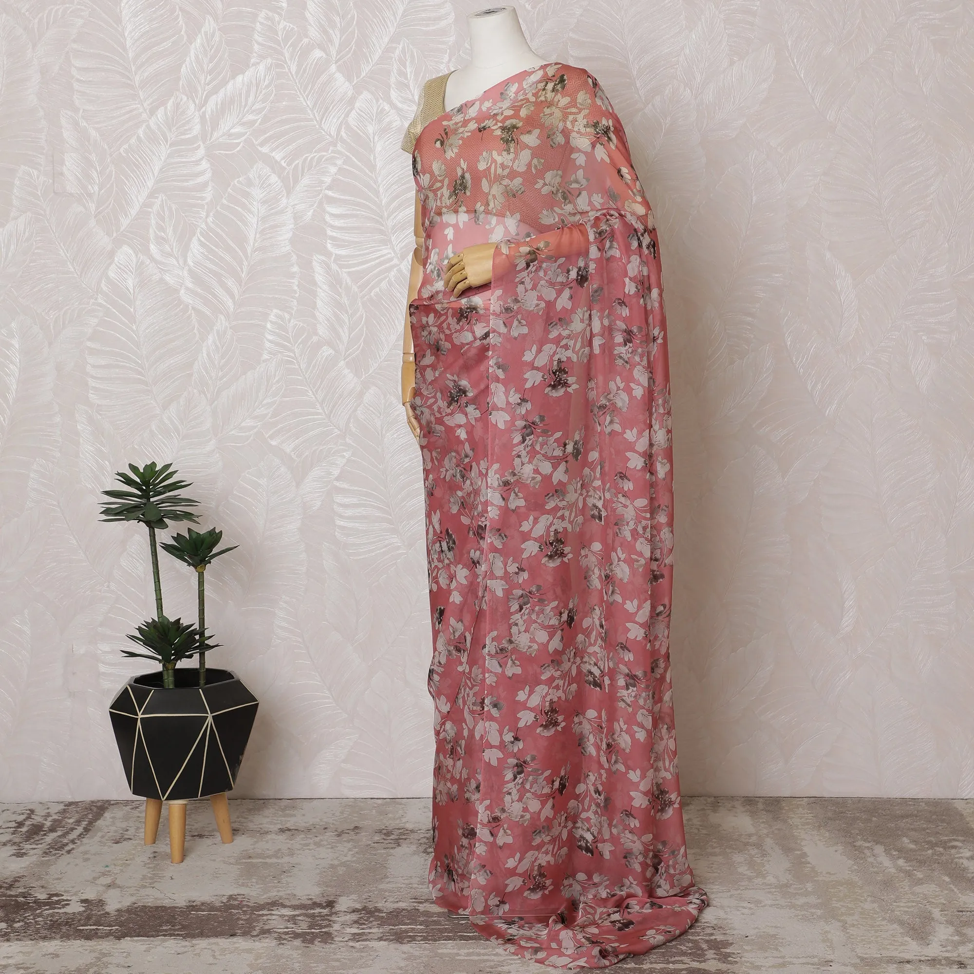 Elegant Rose Pink Floral Silk Chiffon Saree,110 cm Width, 5.5 Meters Piece-D19487