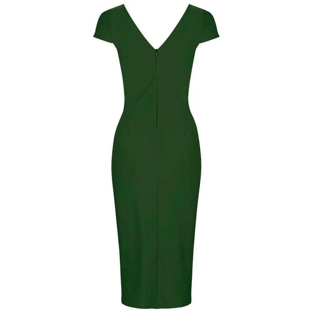 Emerald Green Cap Sleeve Crossover Top Bodycon Wiggle Pencil Dress