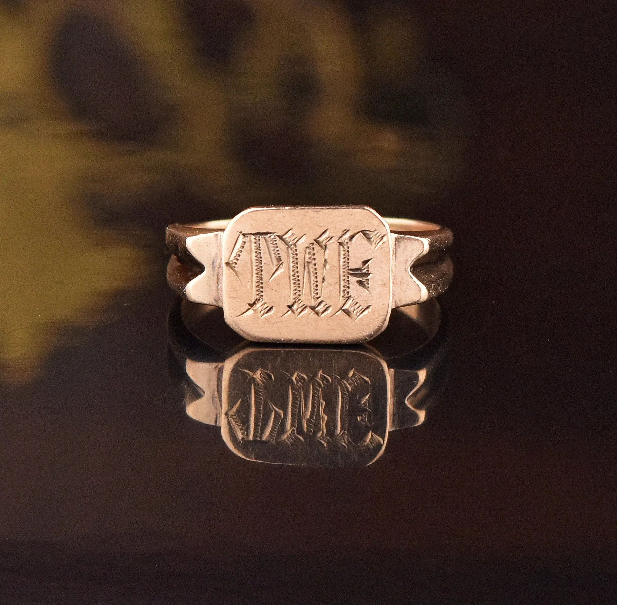 Engraved Initial Monogram Art Deco Gold Signet Ring