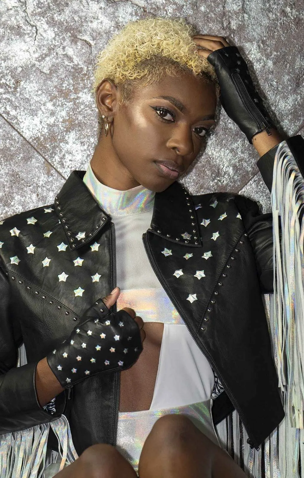 Estrela Holographic Crop Leather Tassel Jacket