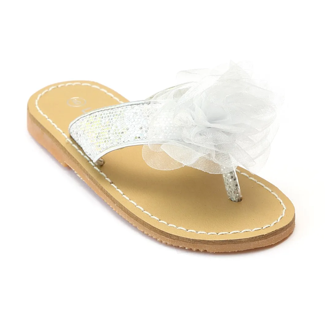 FINAL SALE - L'Amour Girls Silver Organza Flower Thong Sandals