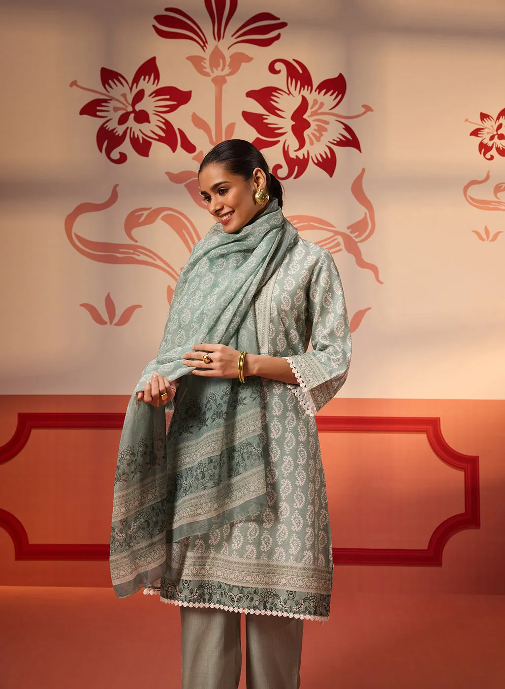 Fiona Aqua Printed Cotton Linen Set with Dupatta