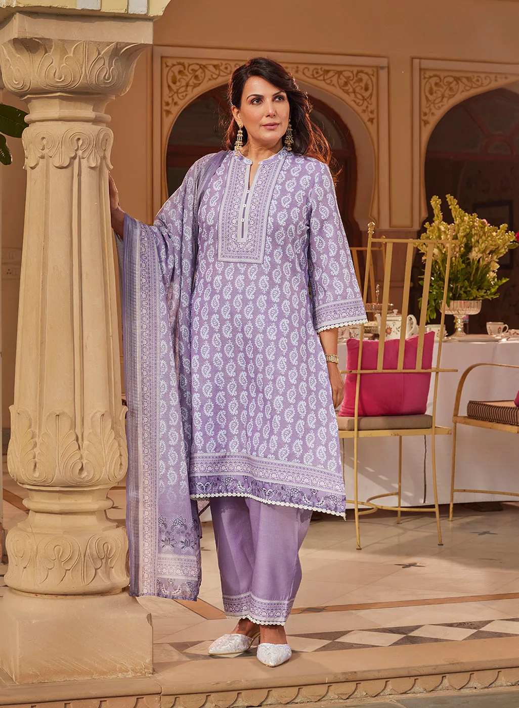 Fiona Mauve Printed Cotton Linen Set with Dupatta