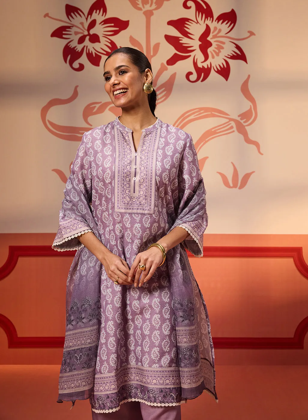 Fiona Mauve Printed Cotton Linen Set with Dupatta