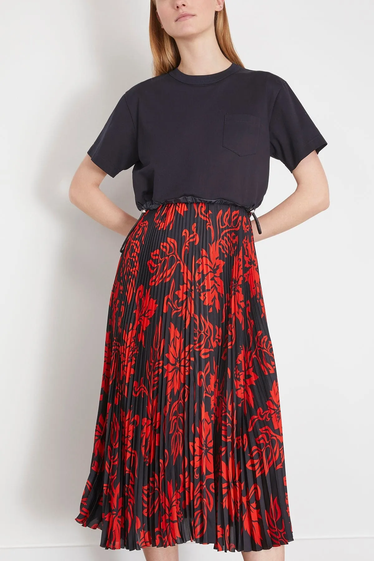 Floral Print Cotton Jersey Dress in Navy x Red