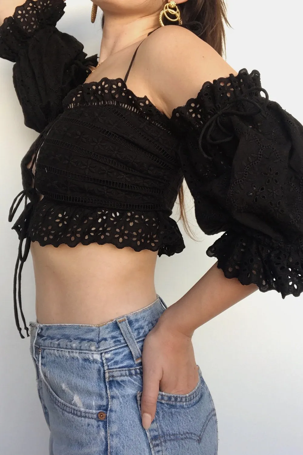 For Love and Lemons Anabelle Eyelet Crop Top Black