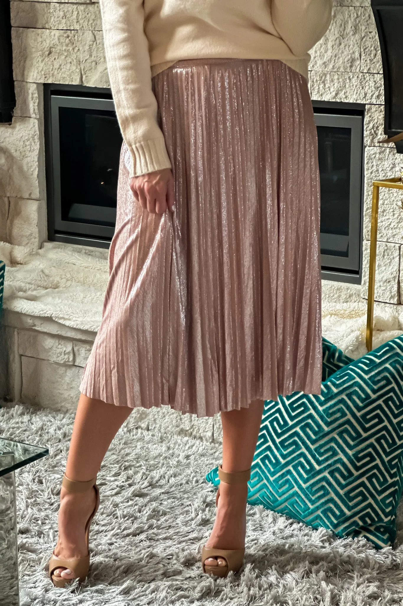 Get Your Attention Sparkle Pleated Skirt : Blush