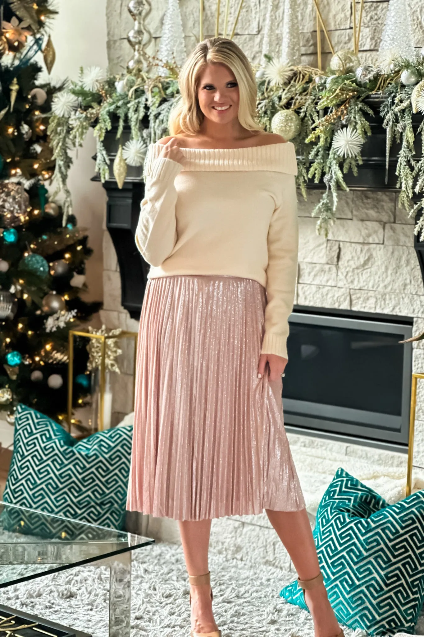 Get Your Attention Sparkle Pleated Skirt : Blush