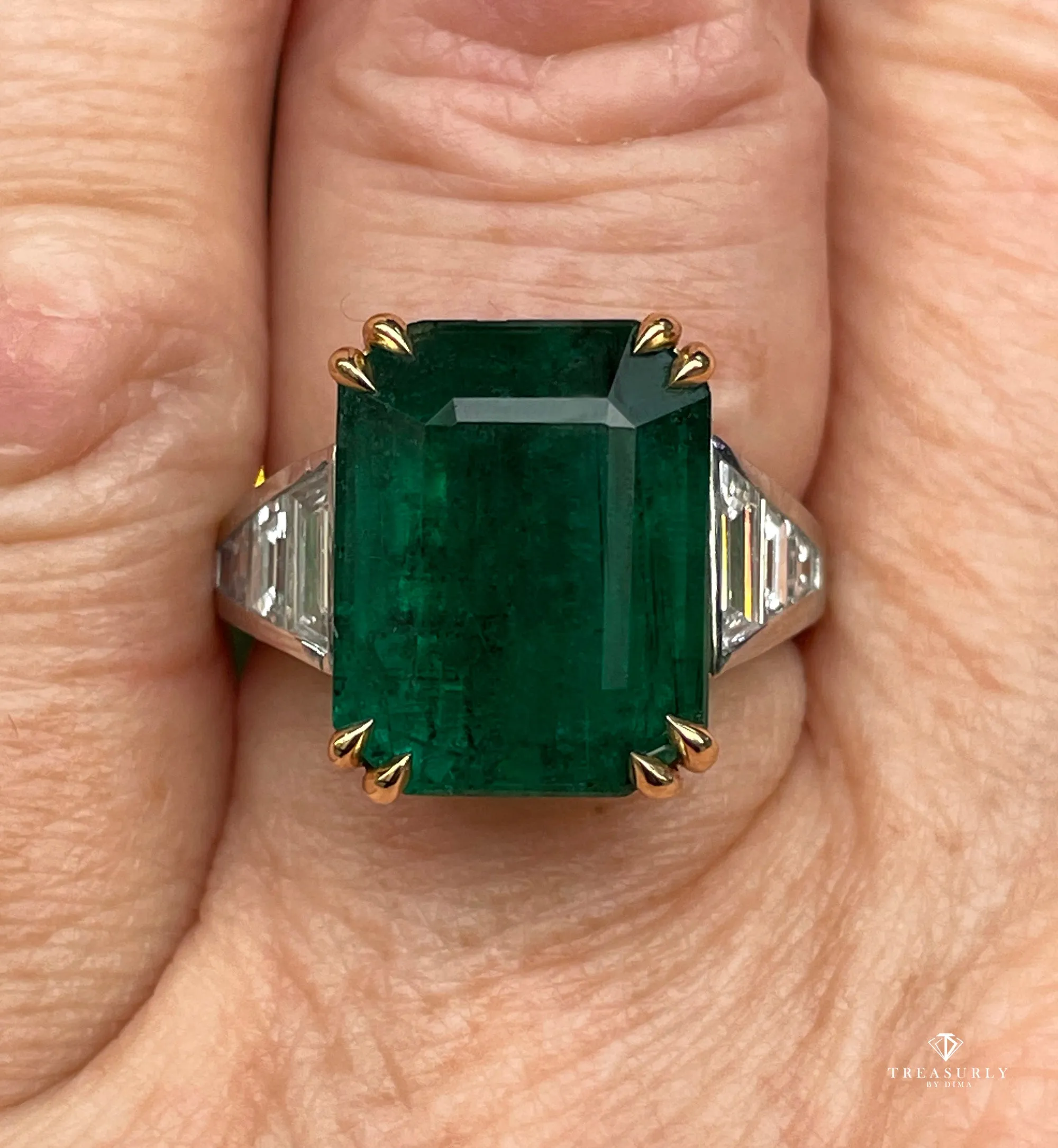 GIA 10.05ct Step cut Rectangular Green Emerald Diamond Plat 18k YG Ring