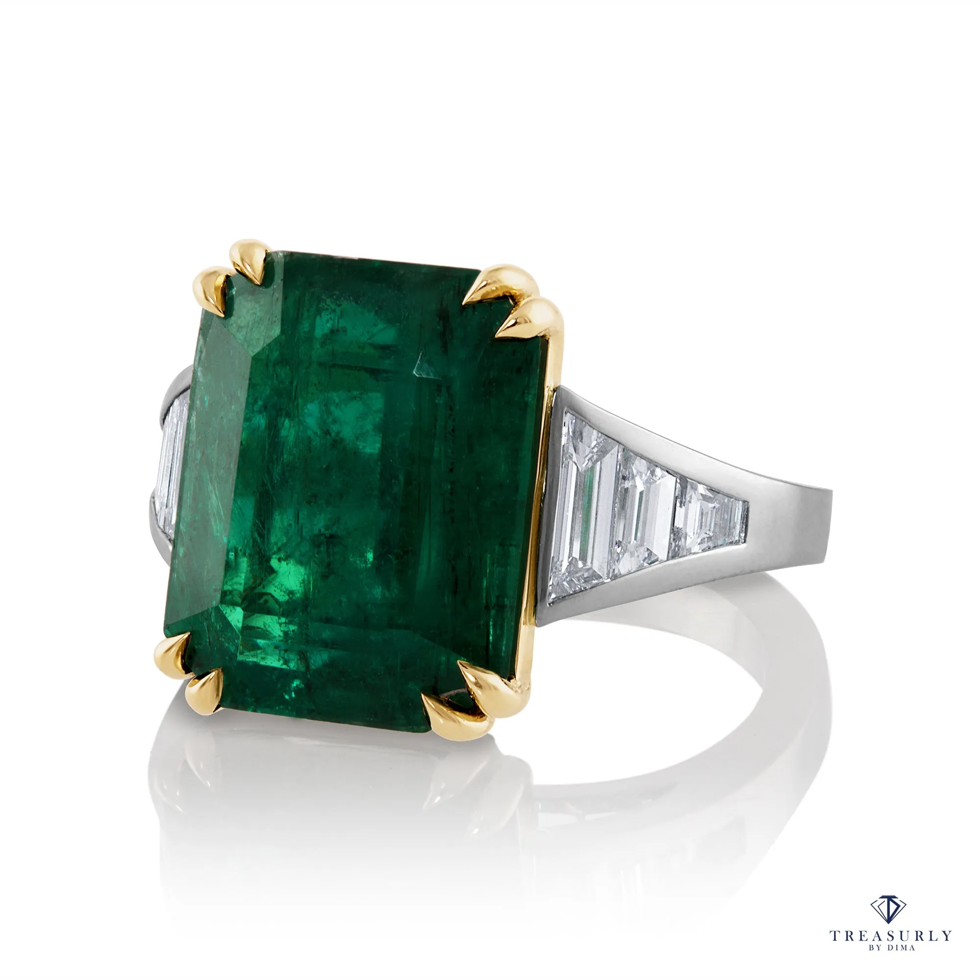 GIA 10.05ct Step cut Rectangular Green Emerald Diamond Plat 18k YG Ring