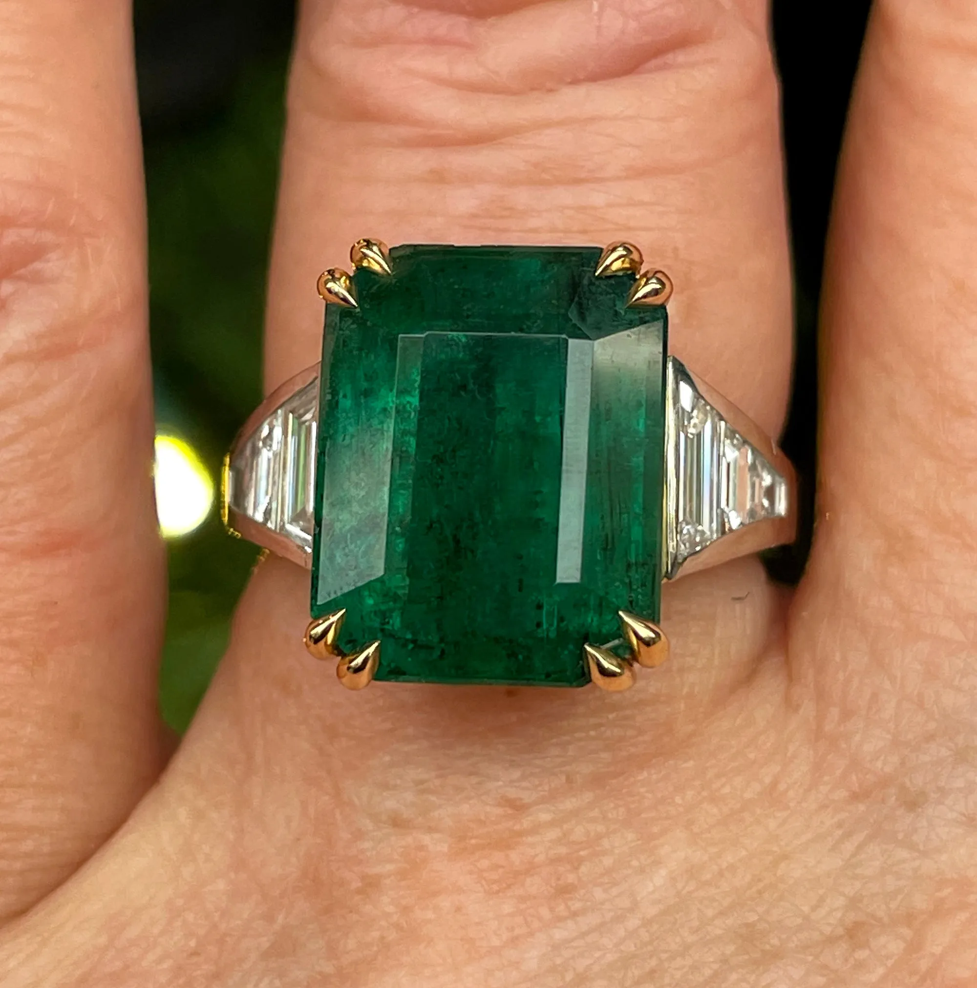 GIA 10.05ct Step cut Rectangular Green Emerald Diamond Plat 18k YG Ring