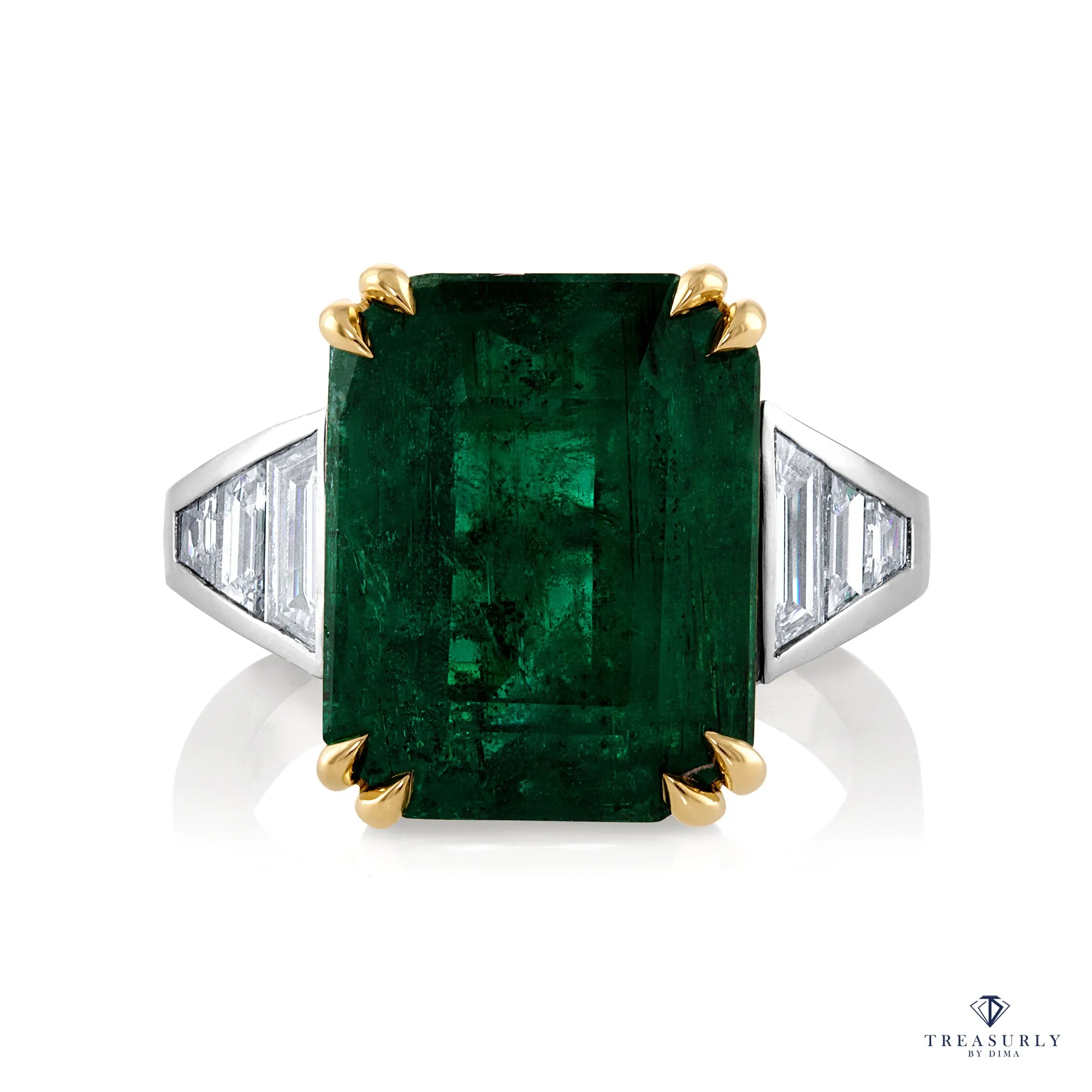 GIA 10.05ct Step cut Rectangular Green Emerald Diamond Plat 18k YG Ring