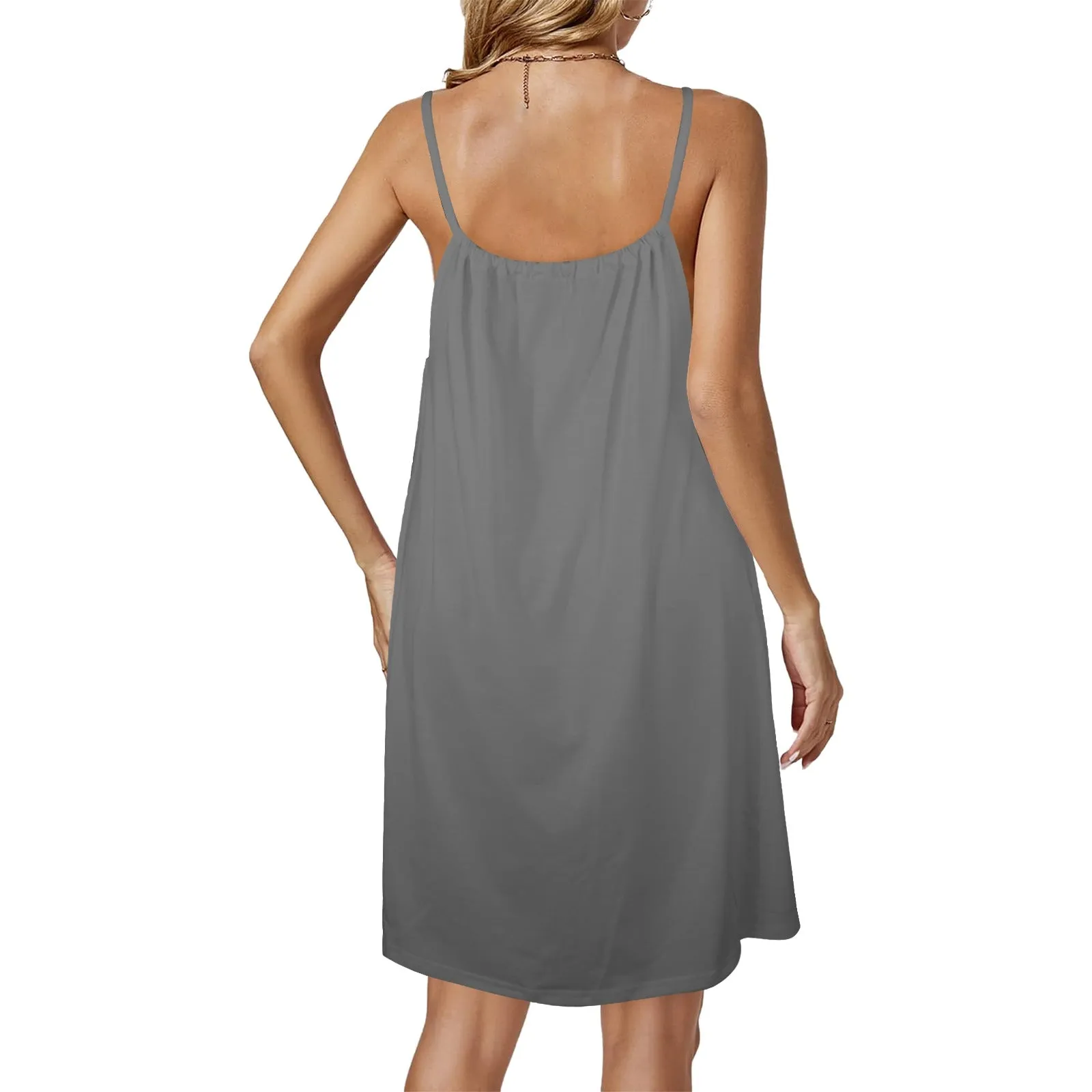 gray solid 2 Drawstring Neck Sleeveless Dress (Model D68)