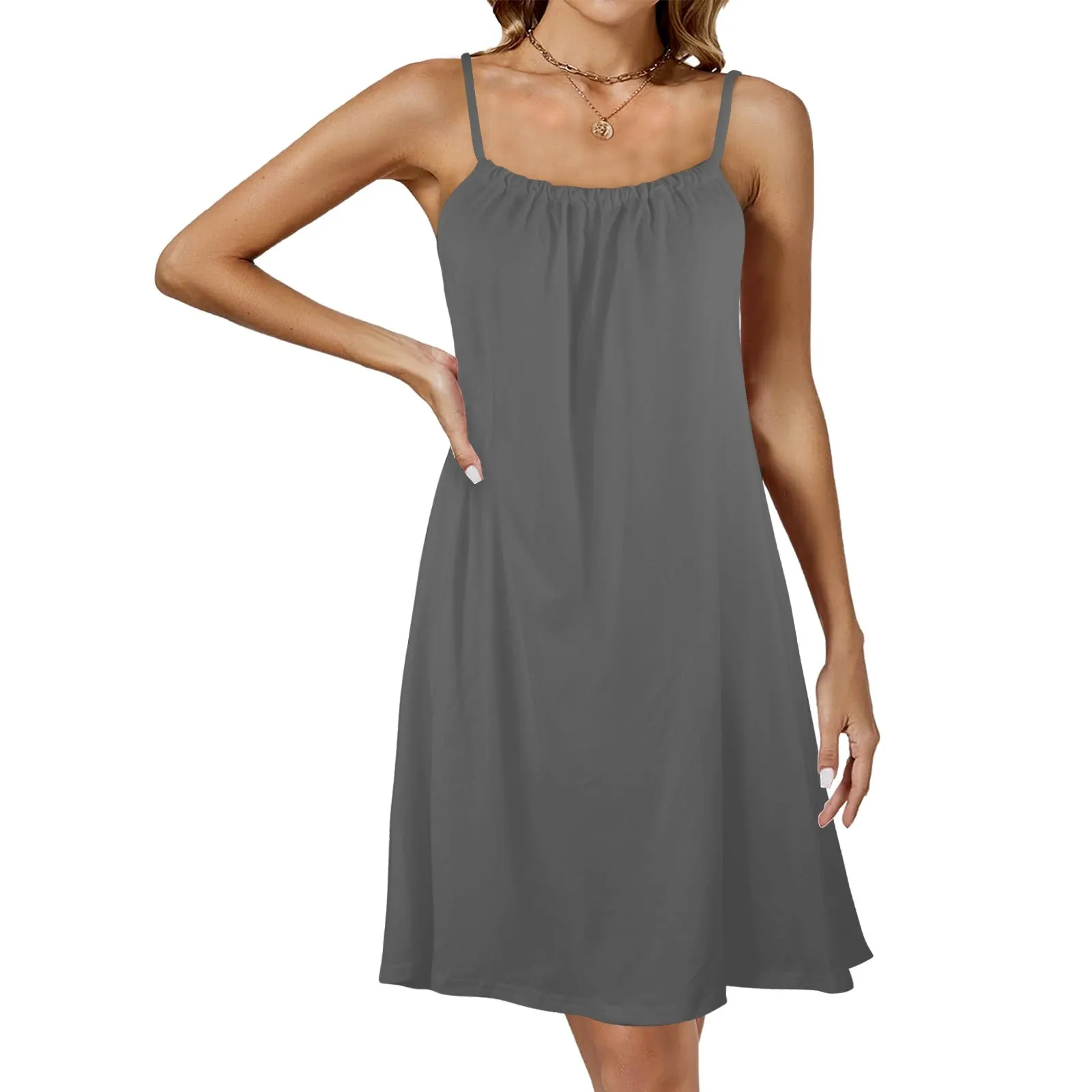 gray solid 2 Drawstring Neck Sleeveless Dress (Model D68)