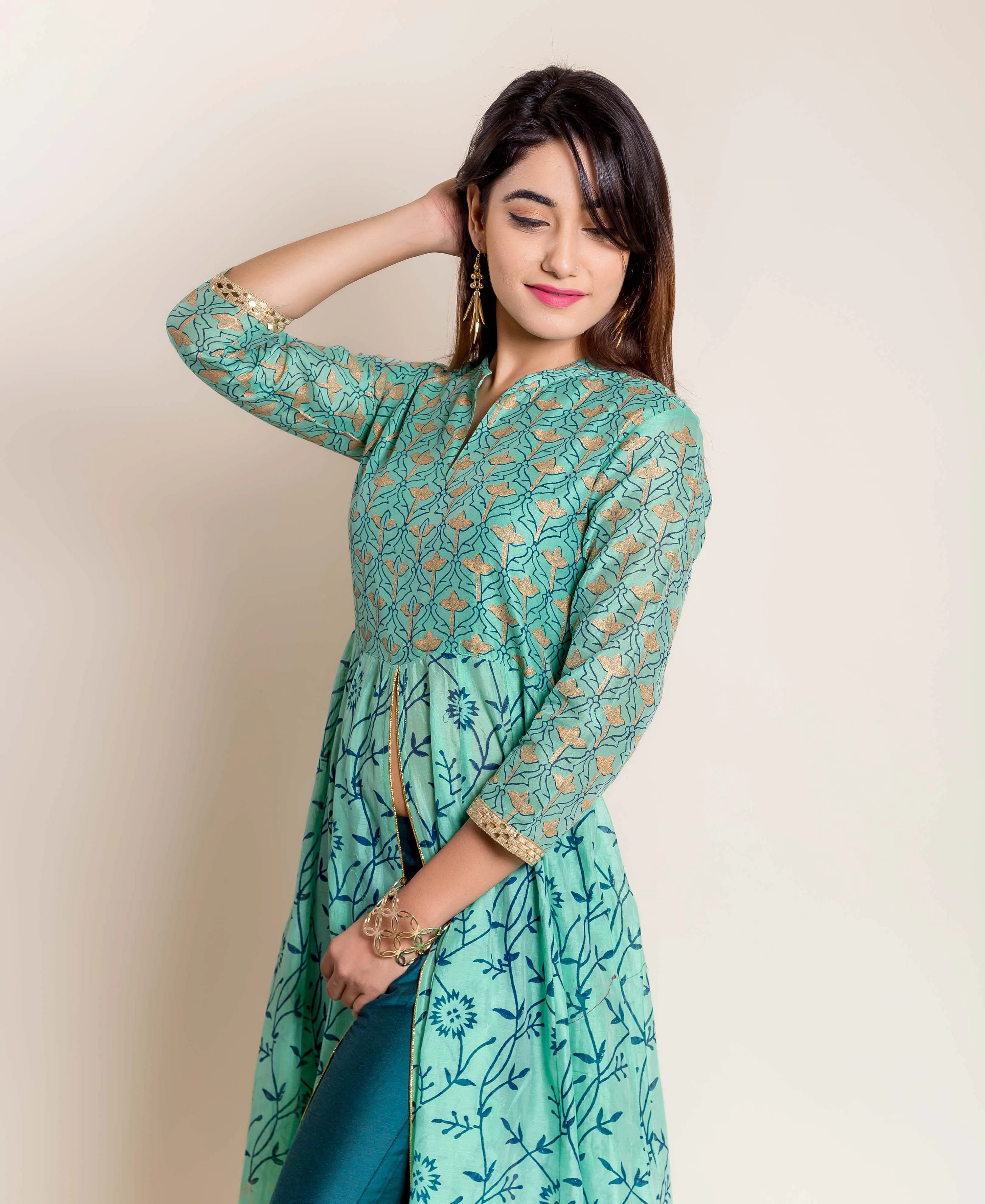 Green Hand Block Printed Indo Western Kurta