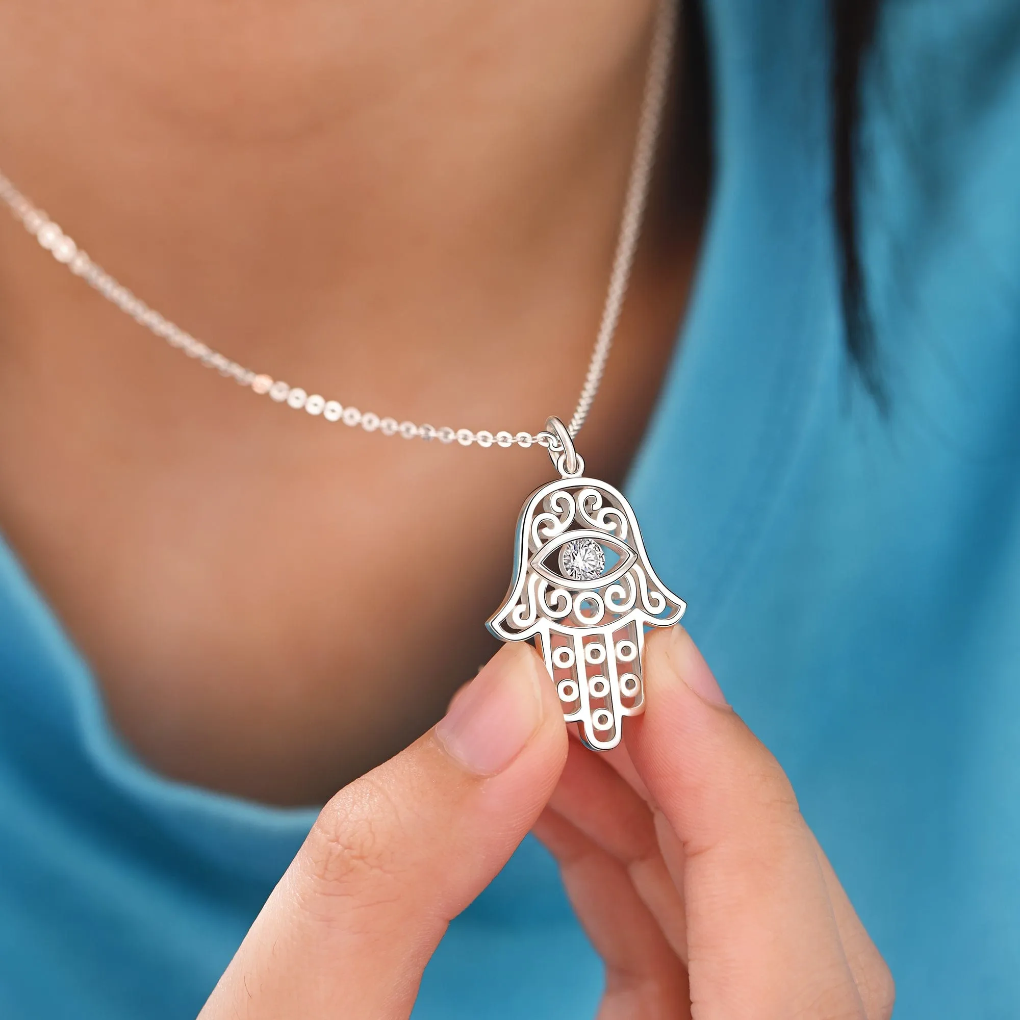 Hamsa Evil Eye Necklace Sterling Silver