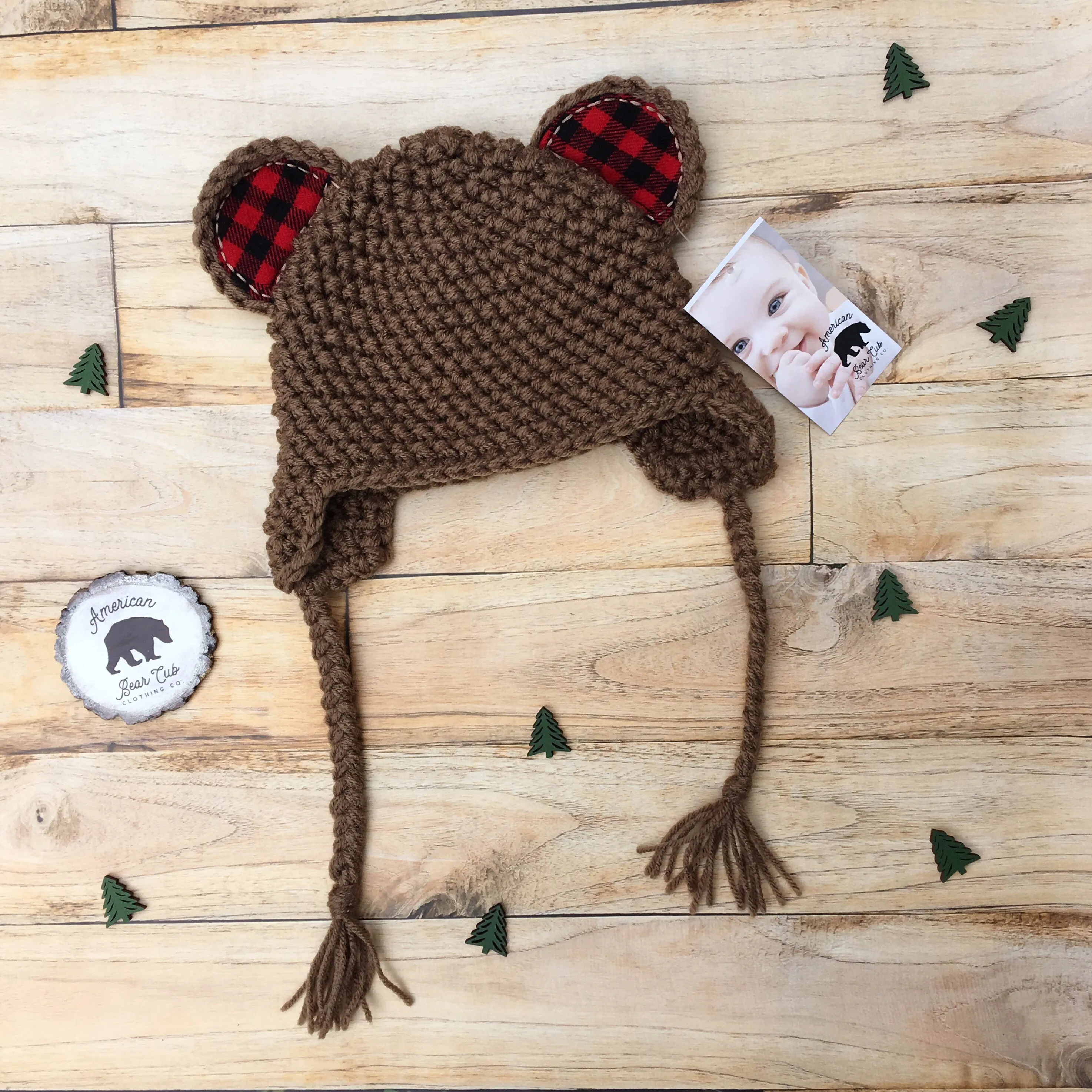 Handmade Bear Hat with Buffalo Plaid Ears - Brown