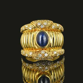 Impressive Wide 18K Gold Diamond Sapphire Ring Band