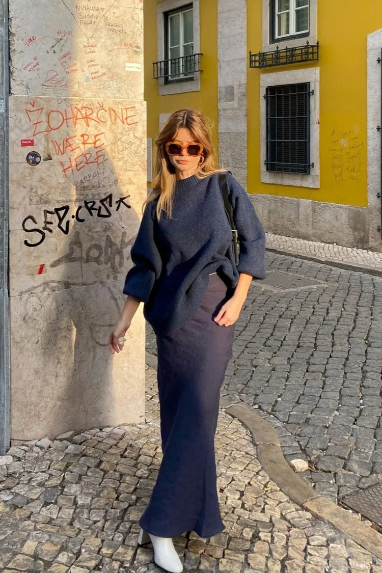 Italian Streets Linen Bias Cut Maxi Skirt Navy