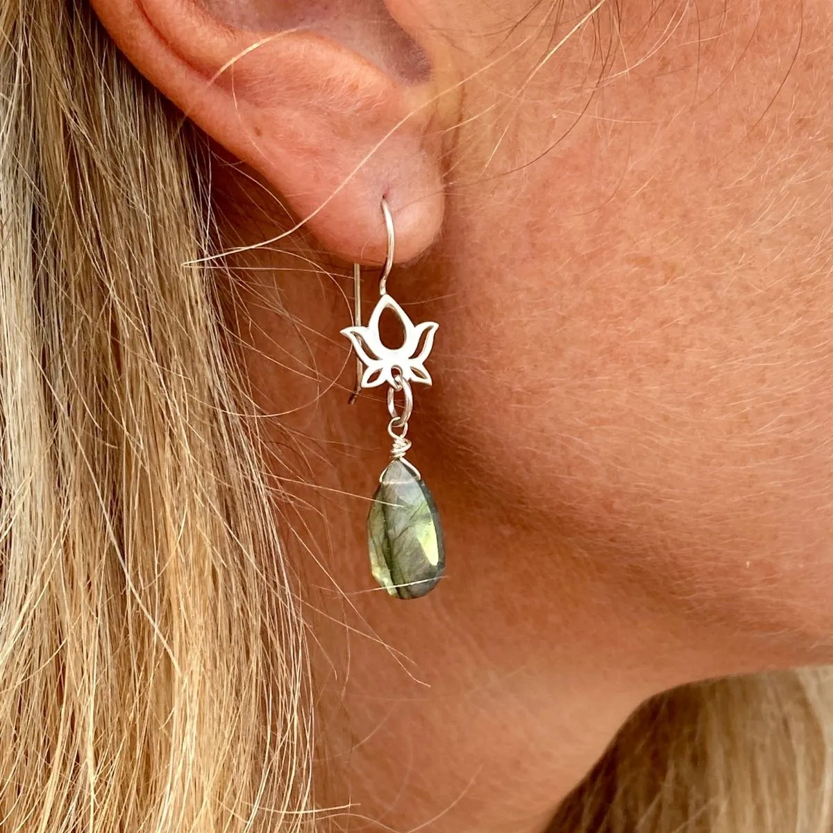 Labradorite Earrings with Lotus Flower for a Positive Change in Your Life