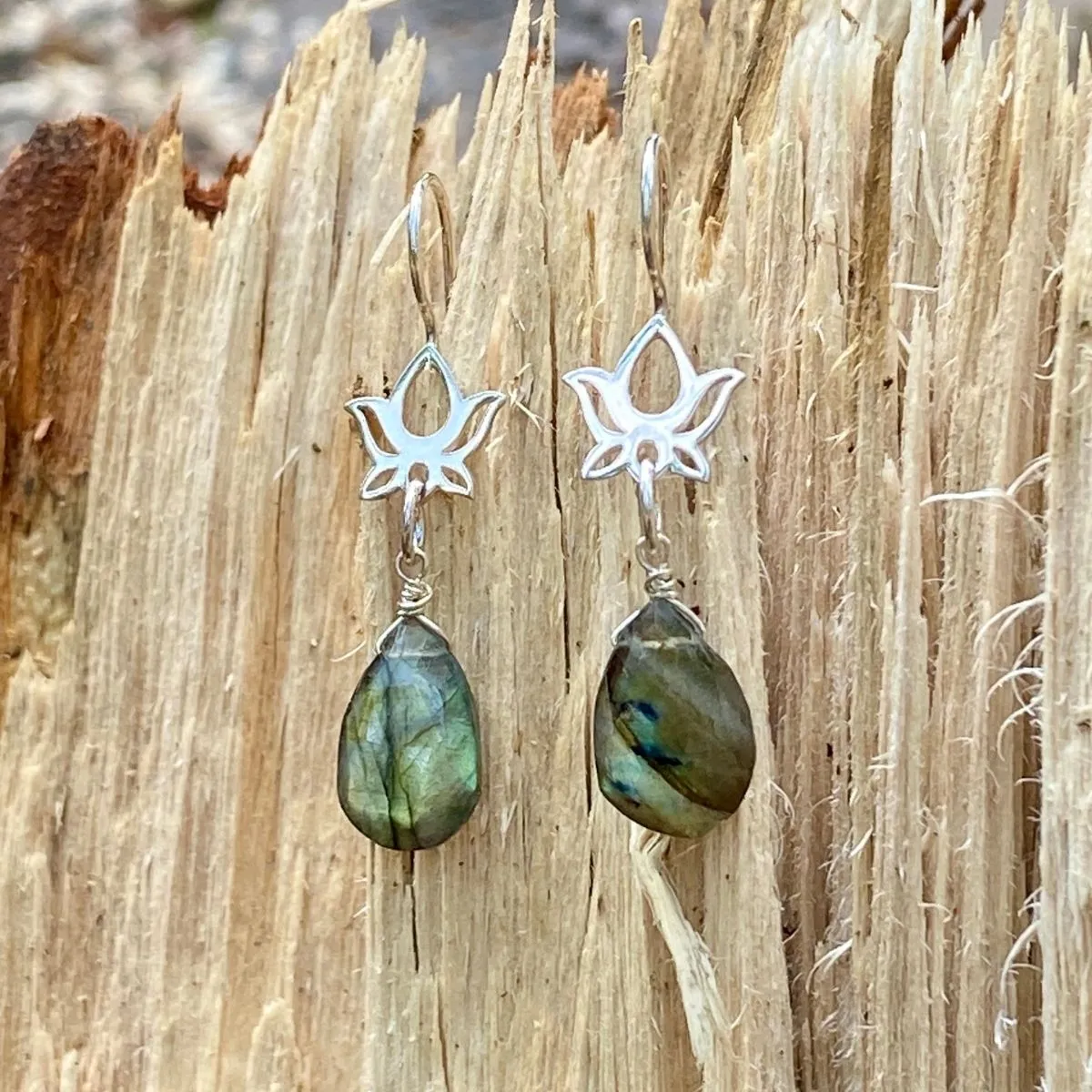 Labradorite Earrings with Lotus Flower for a Positive Change in Your Life