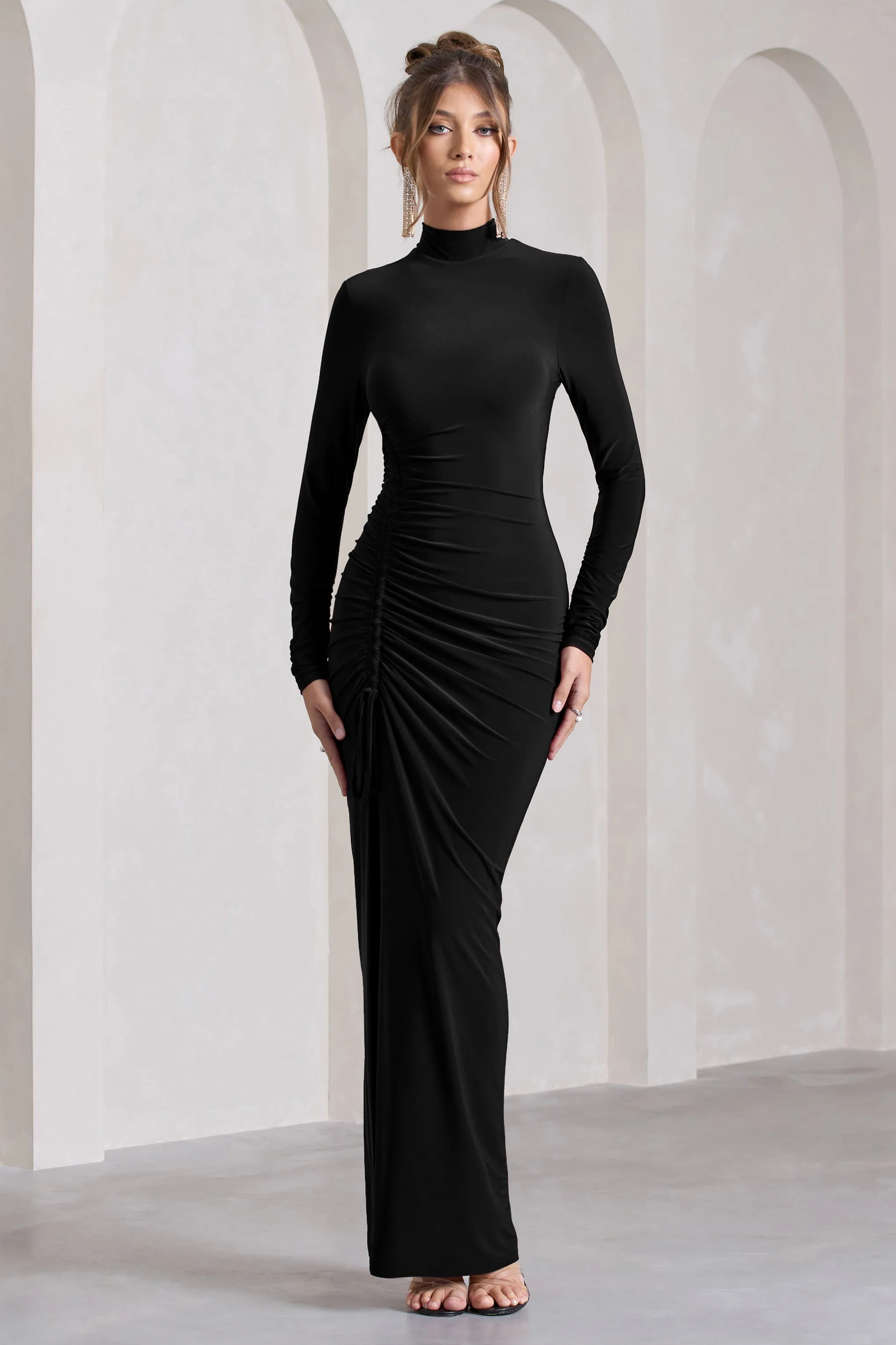 Lynn | Black Ruched High-Neck Split Maxi Dress