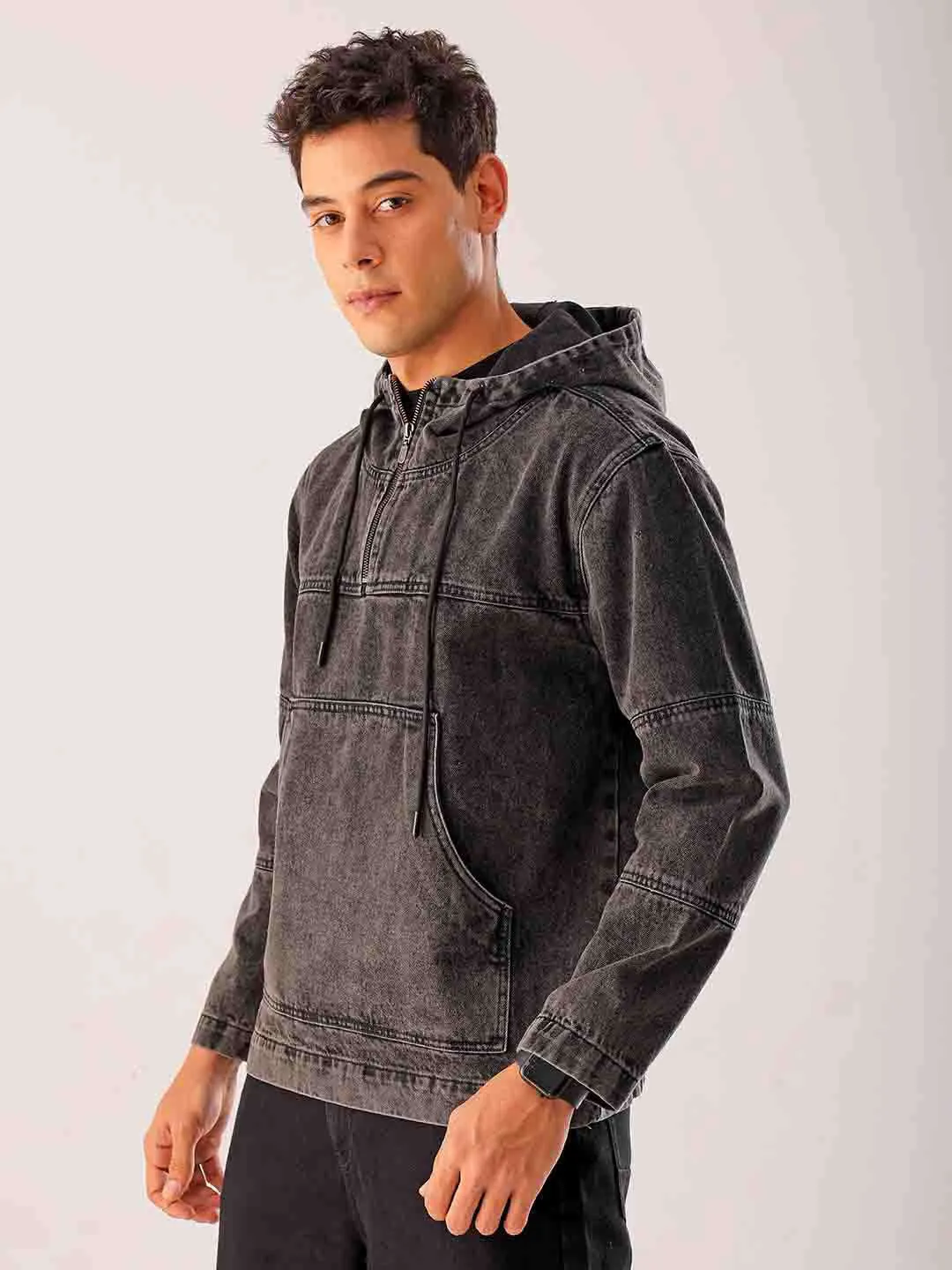 Men Black Relaxed Fit Solid Hooded Denim Jacket