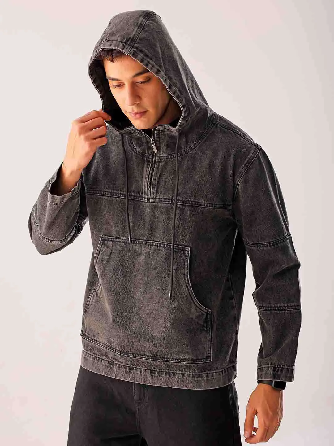 Men Black Relaxed Fit Solid Hooded Denim Jacket