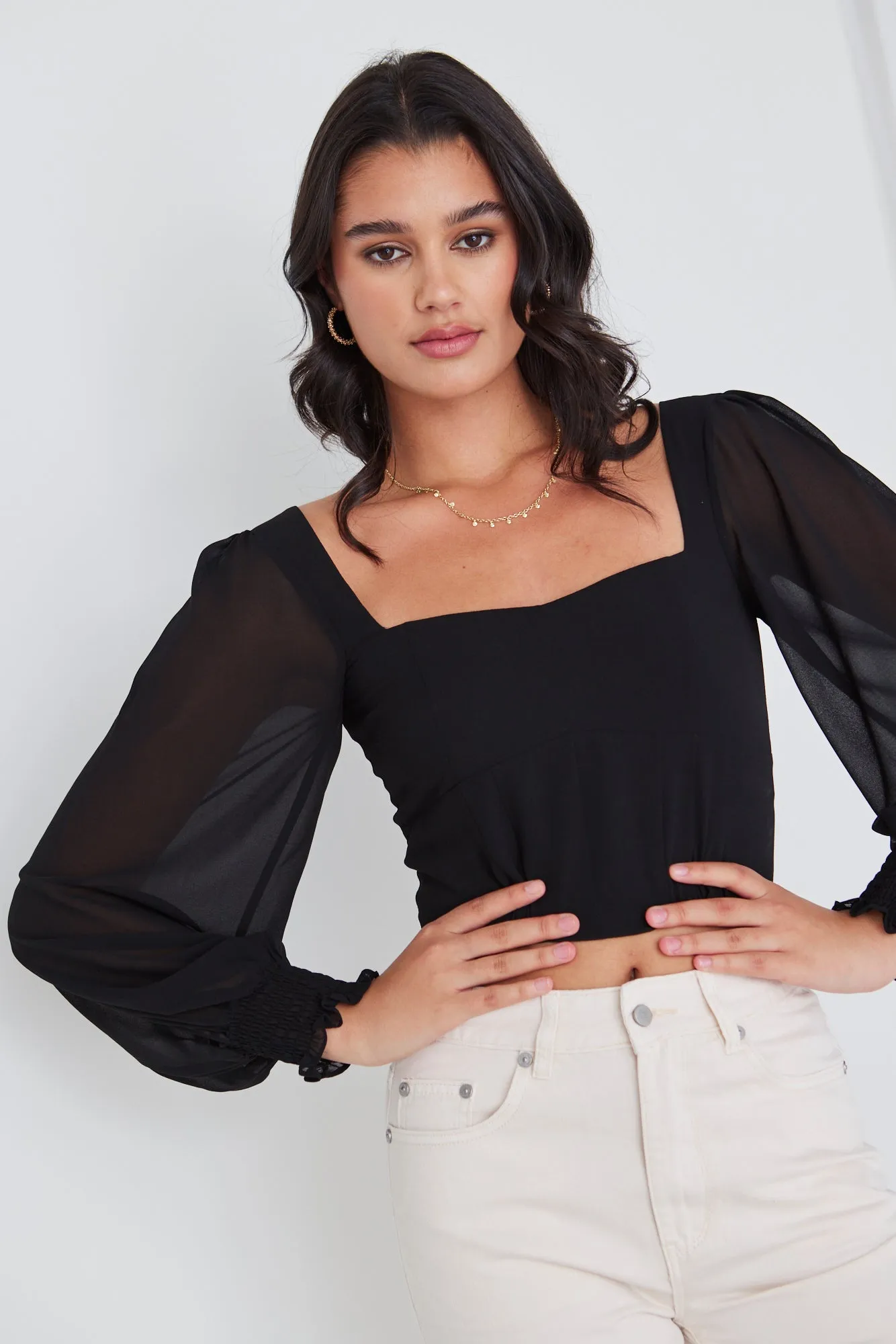 Mod Black Chiffon Crop Corset Top