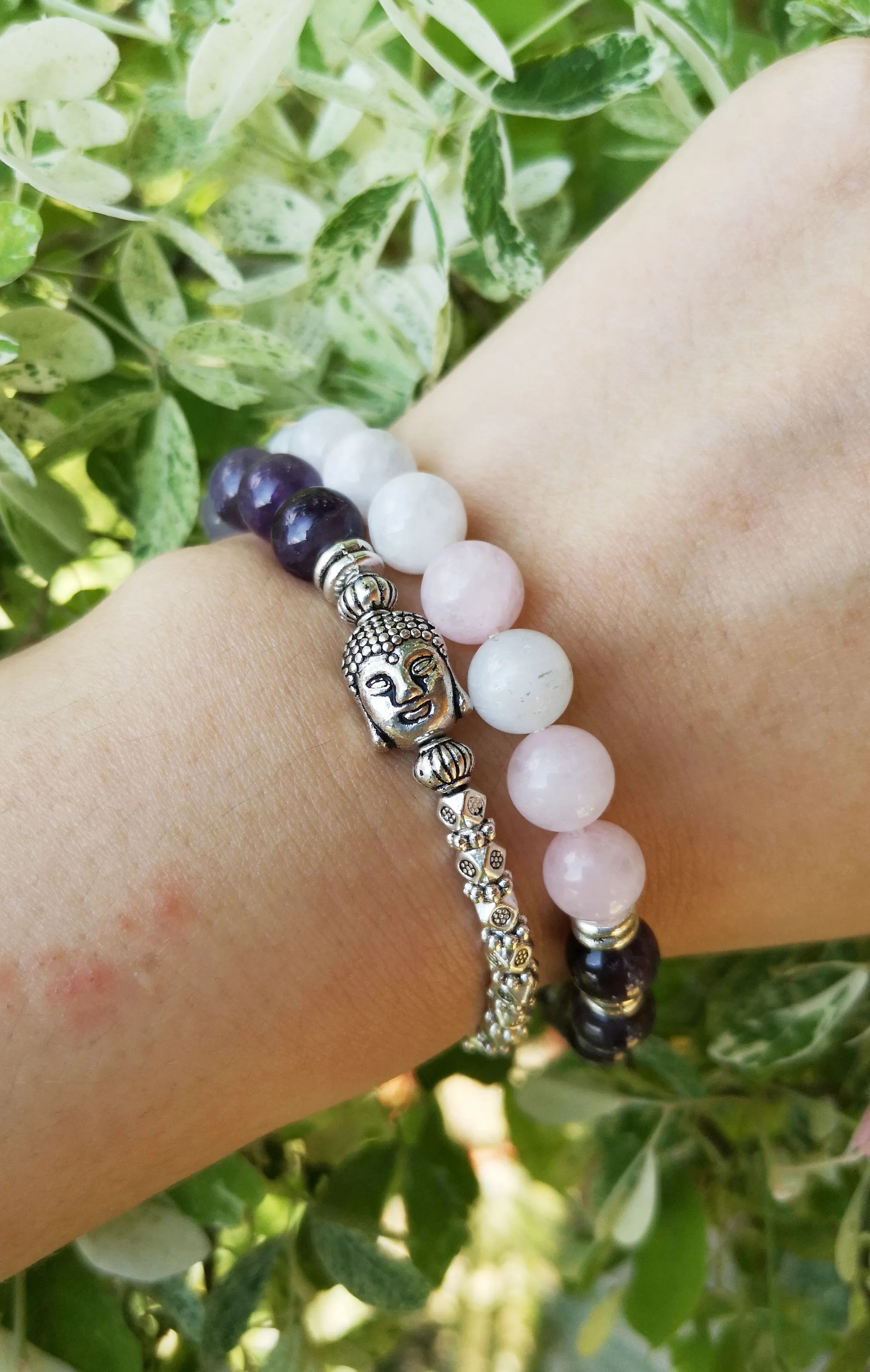 Moonstone, Amethyst, Pink Quartz Mala Bracelet