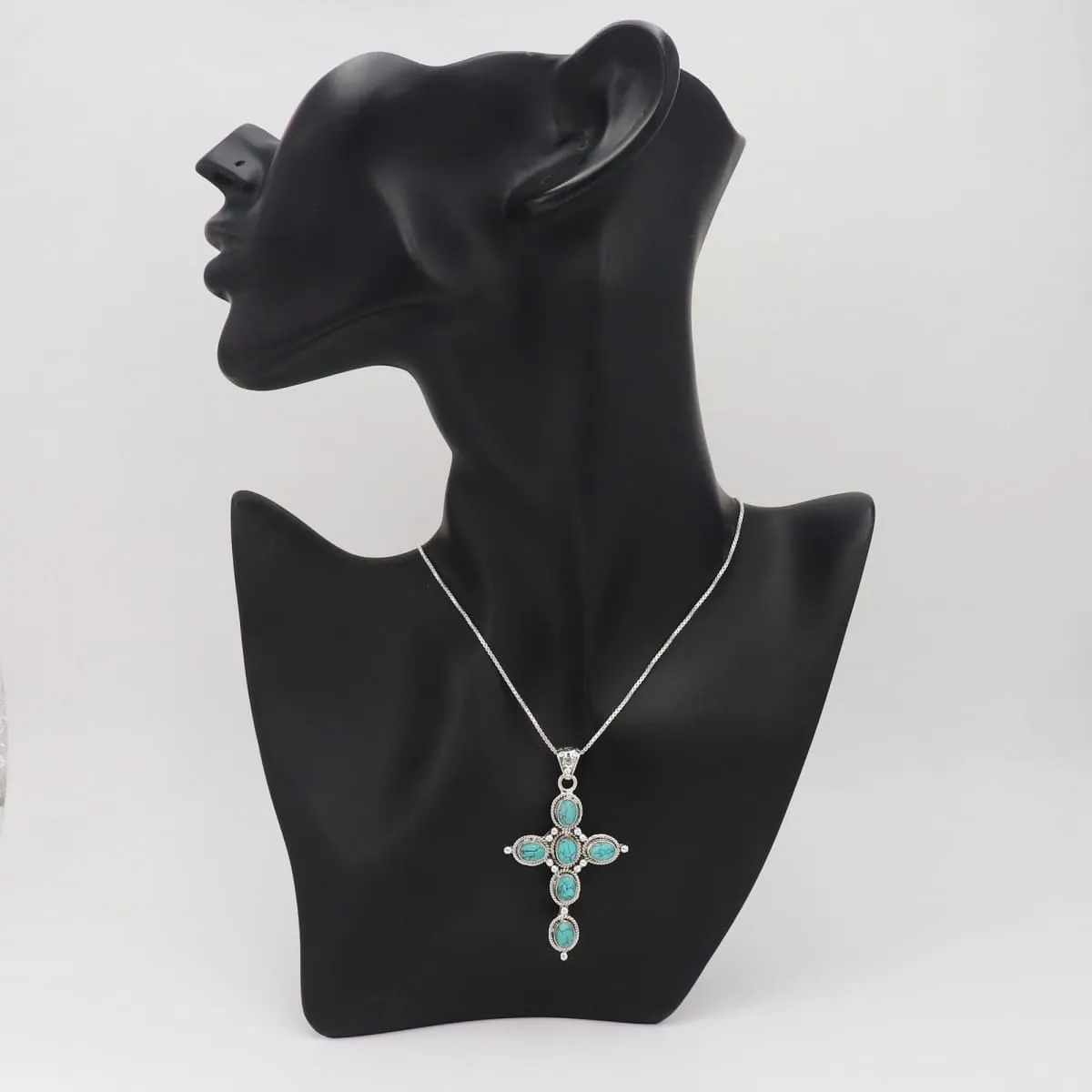 Natural Turquoise Sterling Silver Cross Pendant, Handmade Cross Pendant, Tibetan Turquoise Cross Pendant, Turquoise Necklace, Christmas Gift Jewelry, Region Pendant, Pendant with Chain