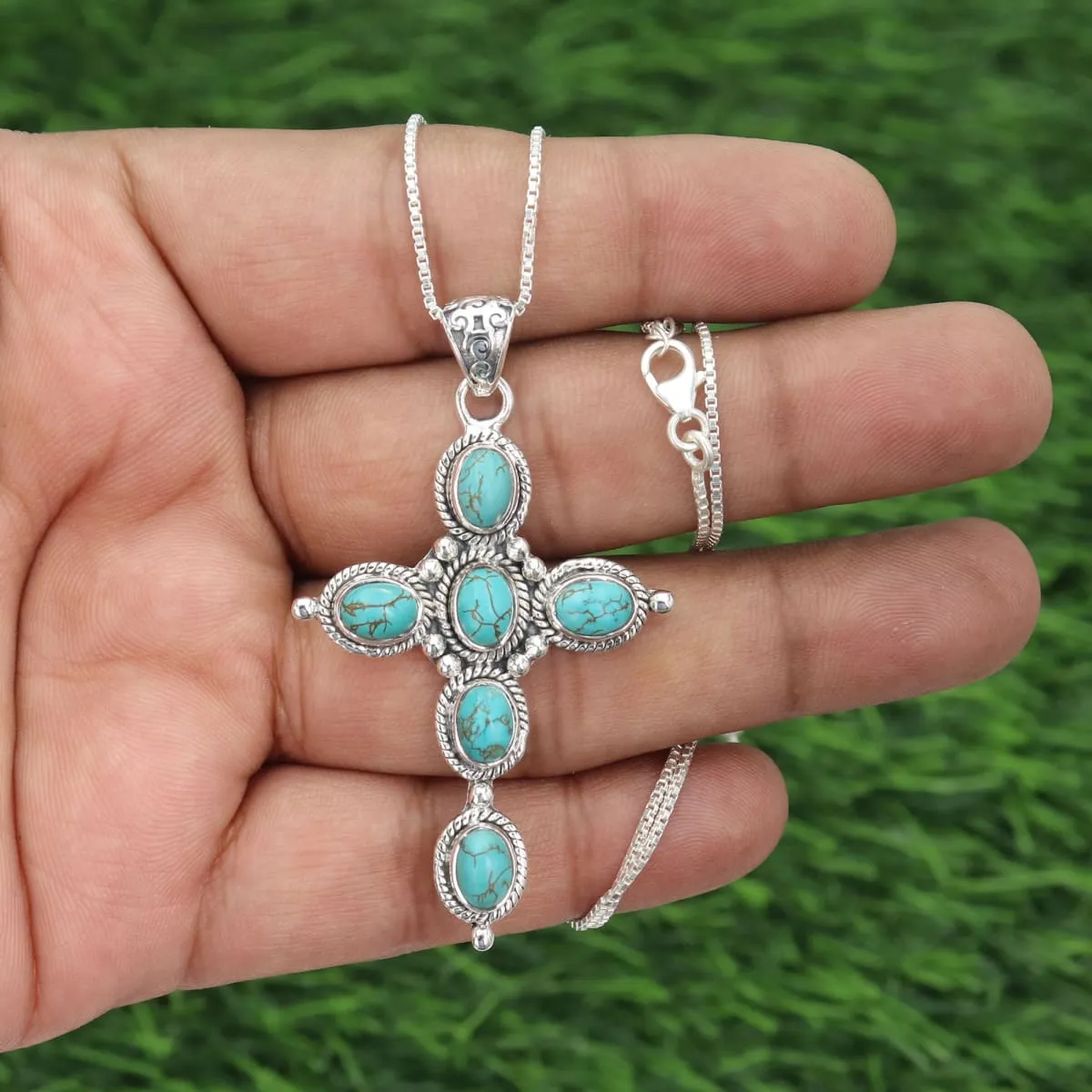 Natural Turquoise Sterling Silver Cross Pendant, Handmade Cross Pendant, Tibetan Turquoise Cross Pendant, Turquoise Necklace, Christmas Gift Jewelry, Region Pendant, Pendant with Chain