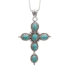 Natural Turquoise Sterling Silver Cross Pendant, Handmade Cross Pendant, Tibetan Turquoise Cross Pendant, Turquoise Necklace, Christmas Gift Jewelry, Region Pendant, Pendant with Chain