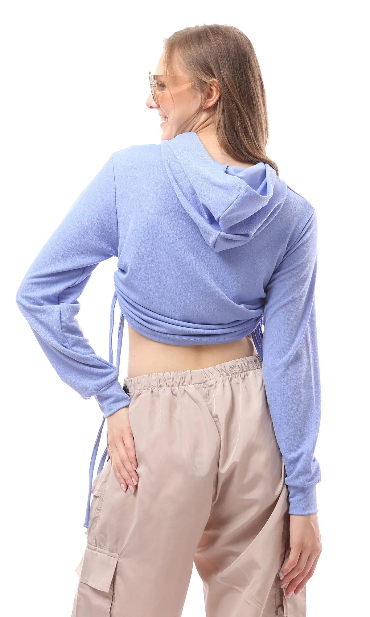 O173693 Baby Blue Solid Hoodie With Side Drawstring