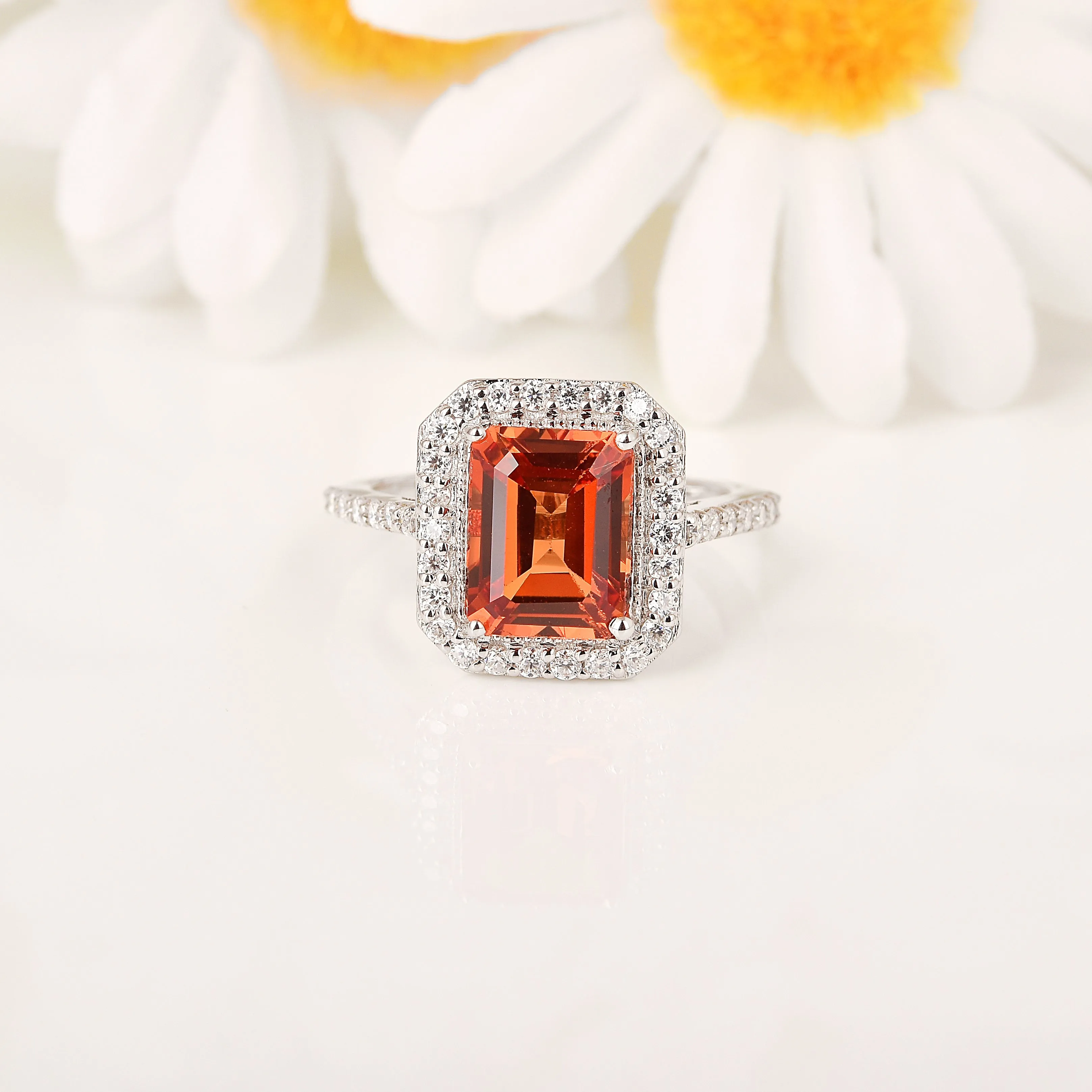 Peach Sapphire Octagon Halo Ring