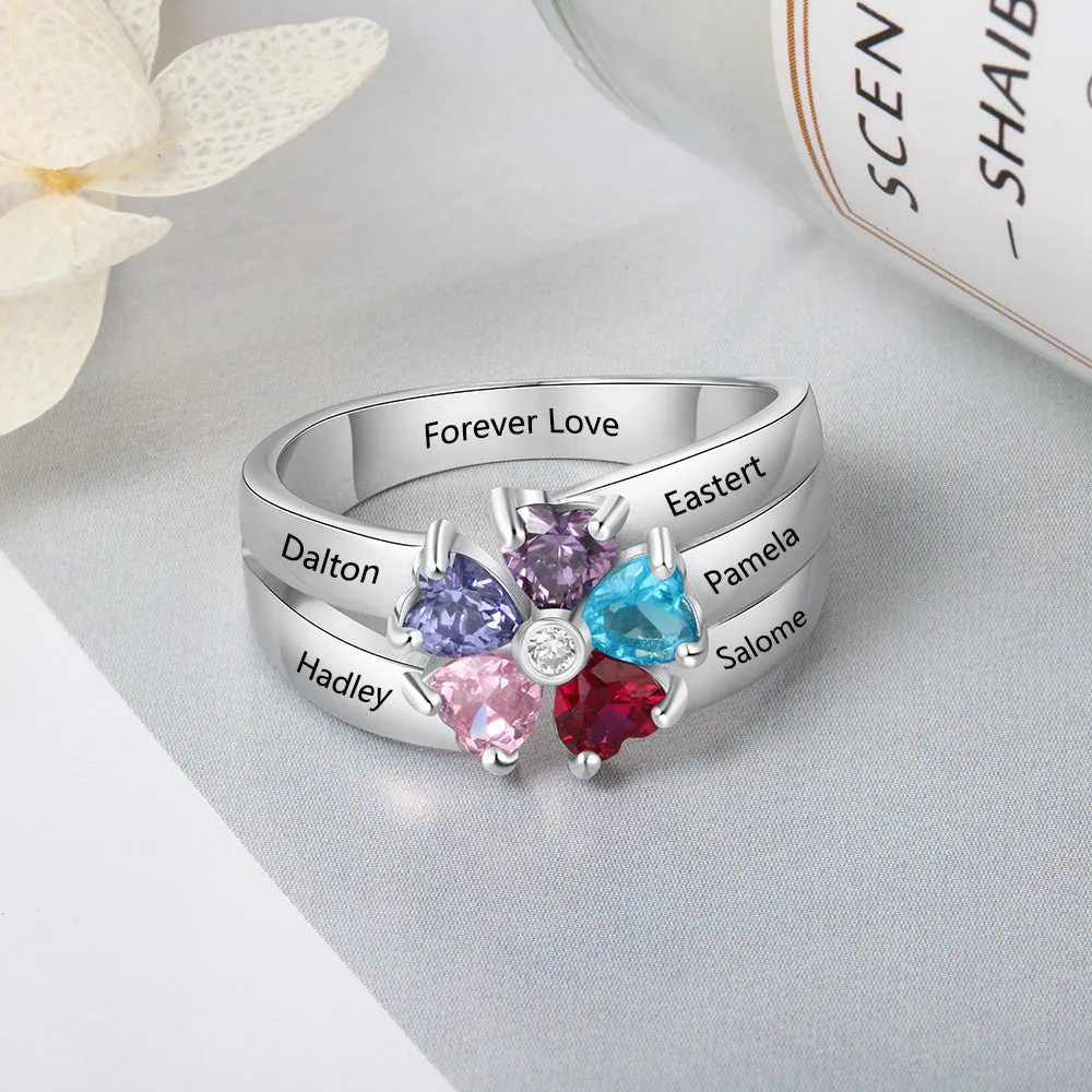 Personalized Mother's Ring 5 Birthstones 5 Engraved Names Flower Design