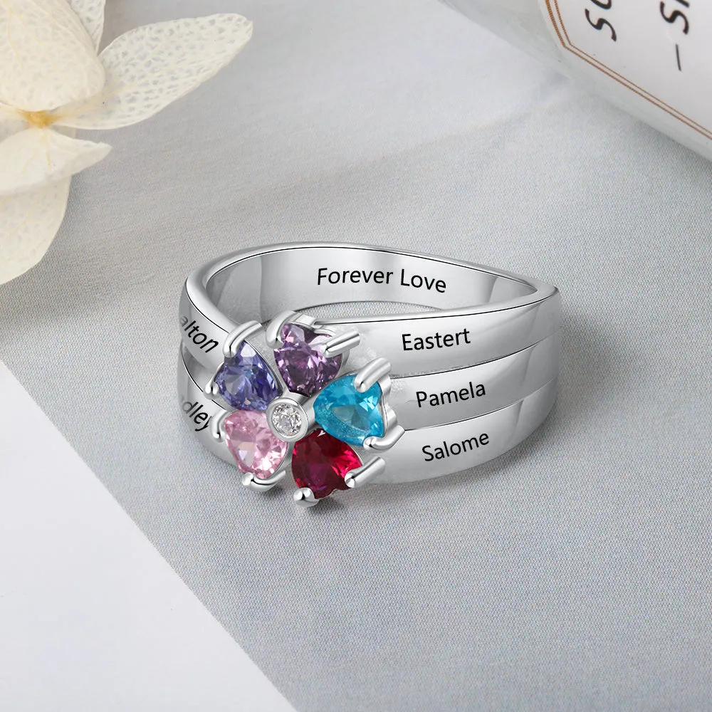 Personalized Mother's Ring 5 Birthstones 5 Engraved Names Flower Design