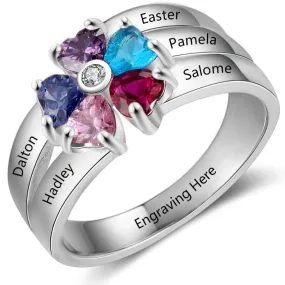 Personalized Mother's Ring 5 Birthstones 5 Engraved Names Flower Design