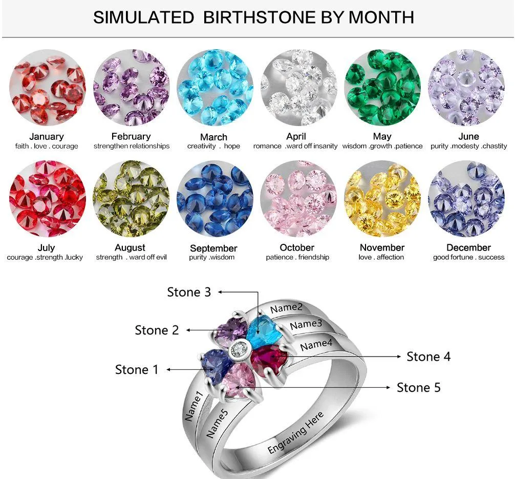 Personalized Mother's Ring 5 Birthstones 5 Engraved Names Flower Design